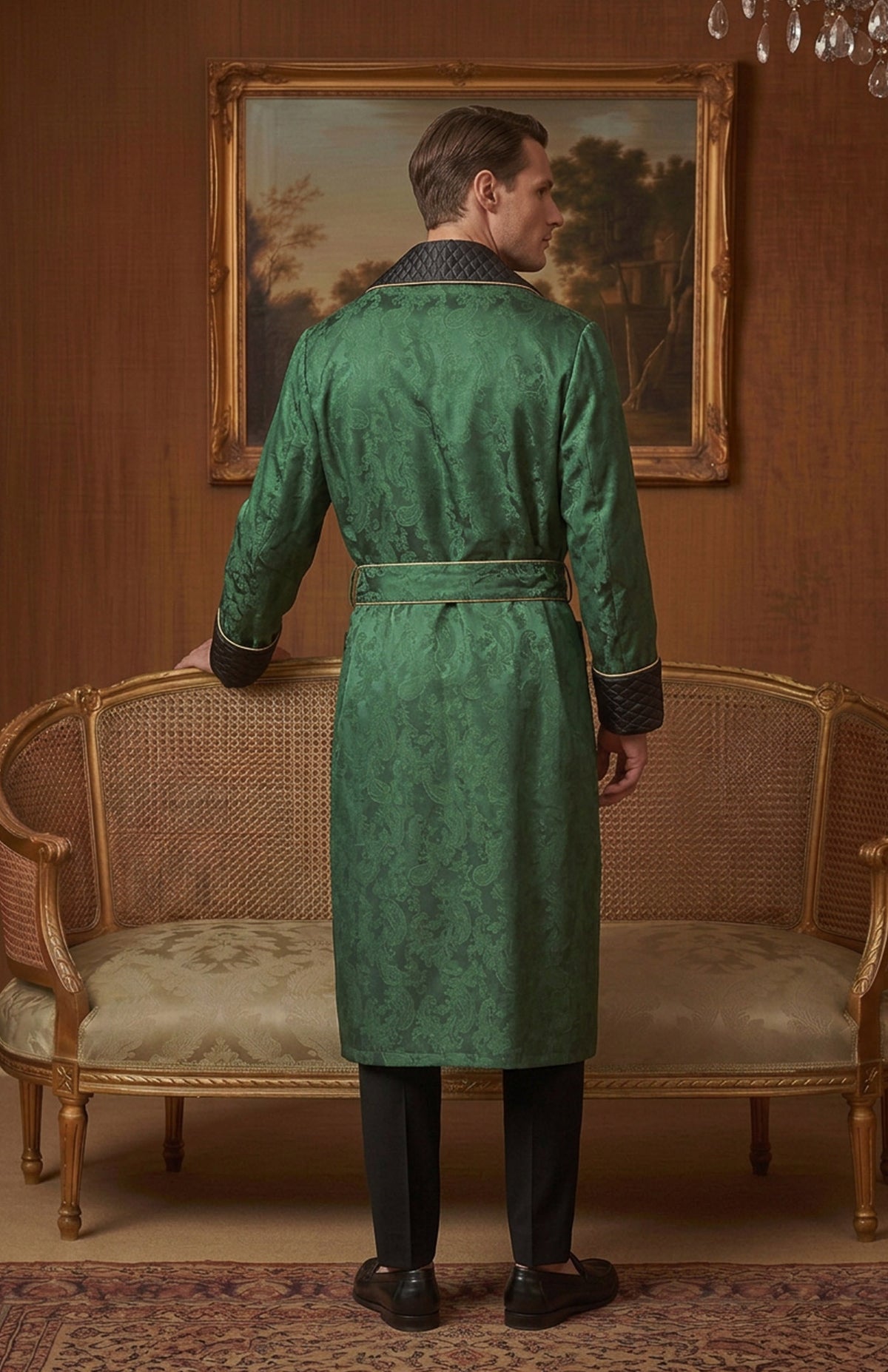 The Emerald Earl | Green & Black Paisley Jacquard Quilted Robe for Men