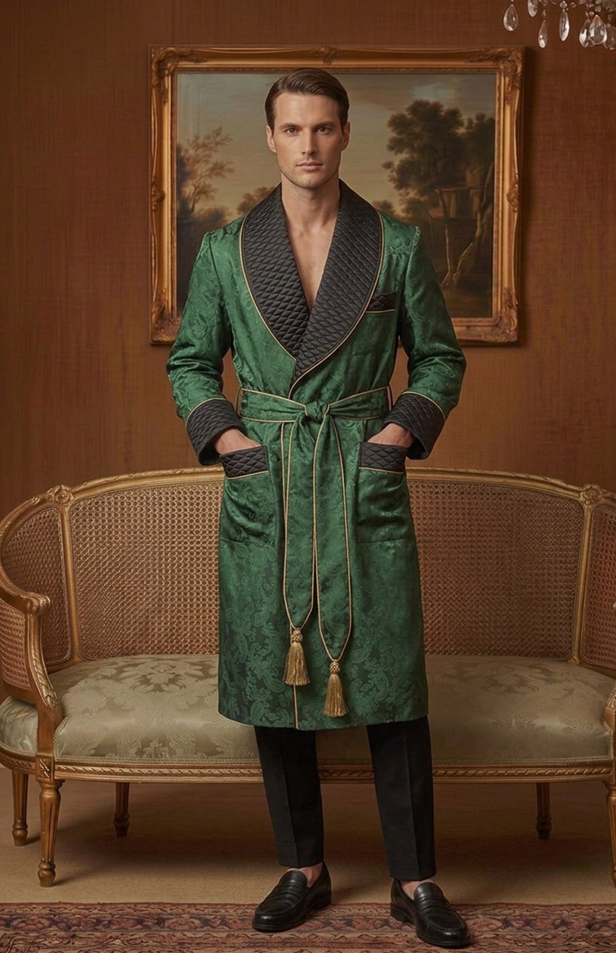 The Emerald Earl | Green & Black Paisley Jacquard Quilted Robe for Men