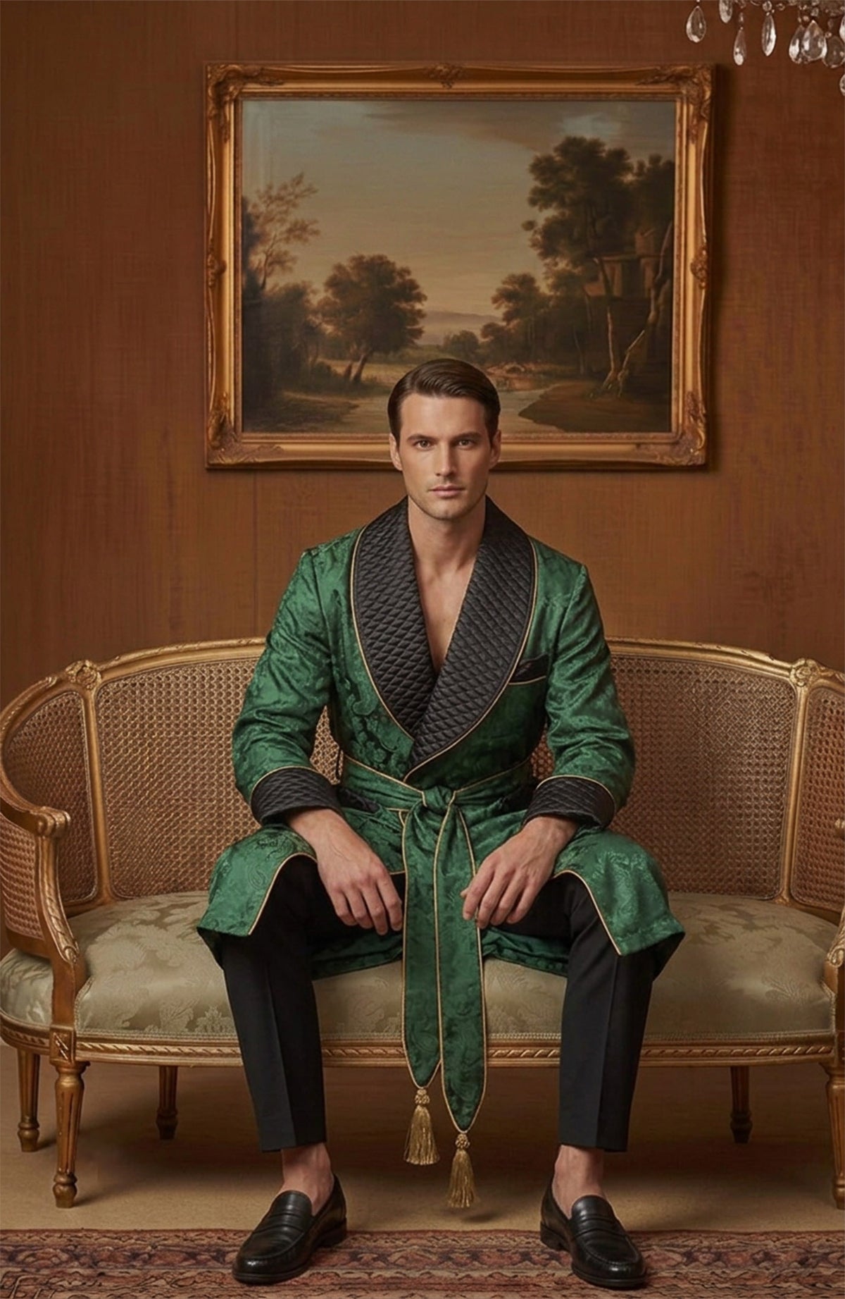 The Emerald Earl | Green & Black Paisley Jacquard Quilted Robe for Men