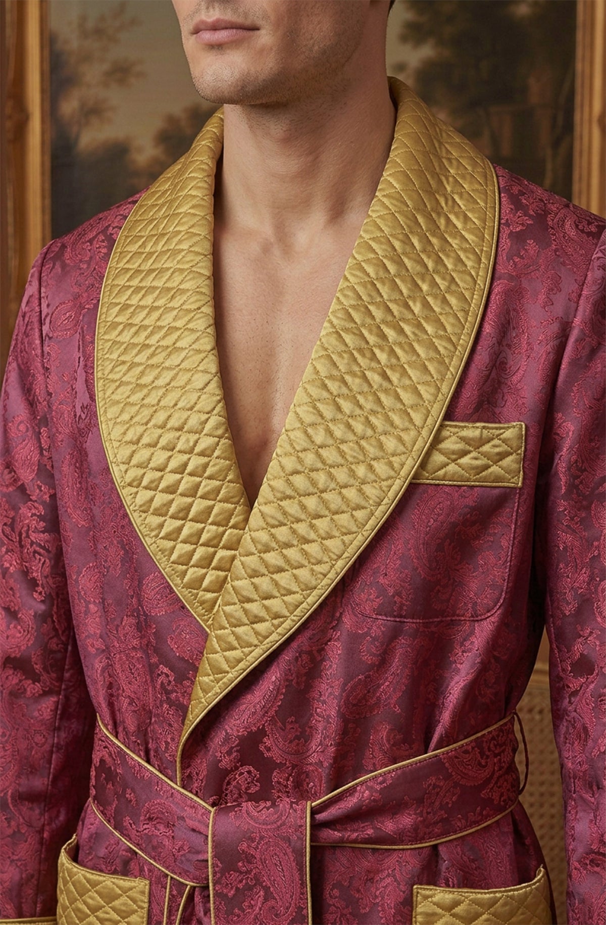 The Gilded Marquess | Wine & Gold Paisley Jacquard Quilted Robe for Men