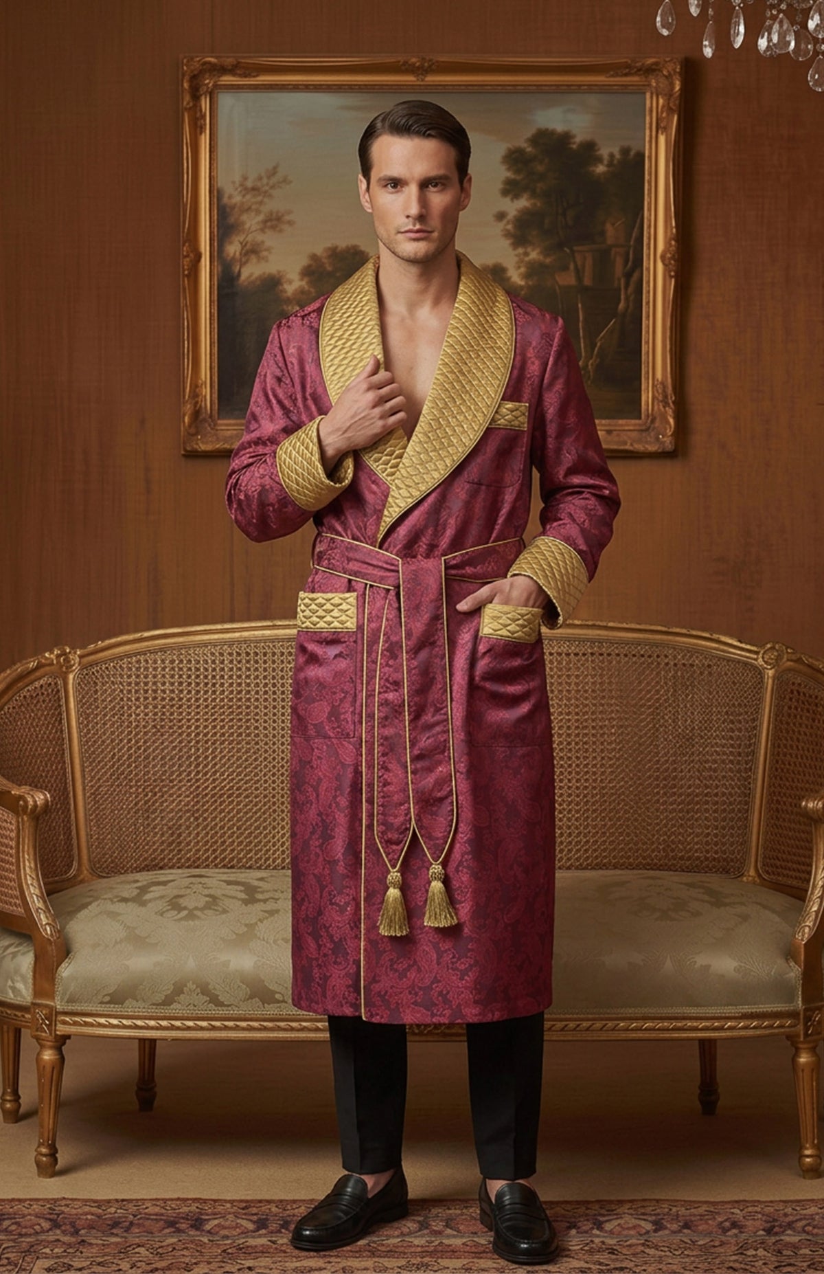 The Gilded Marquess | Wine & Gold Paisley Jacquard Quilted Robe for Men