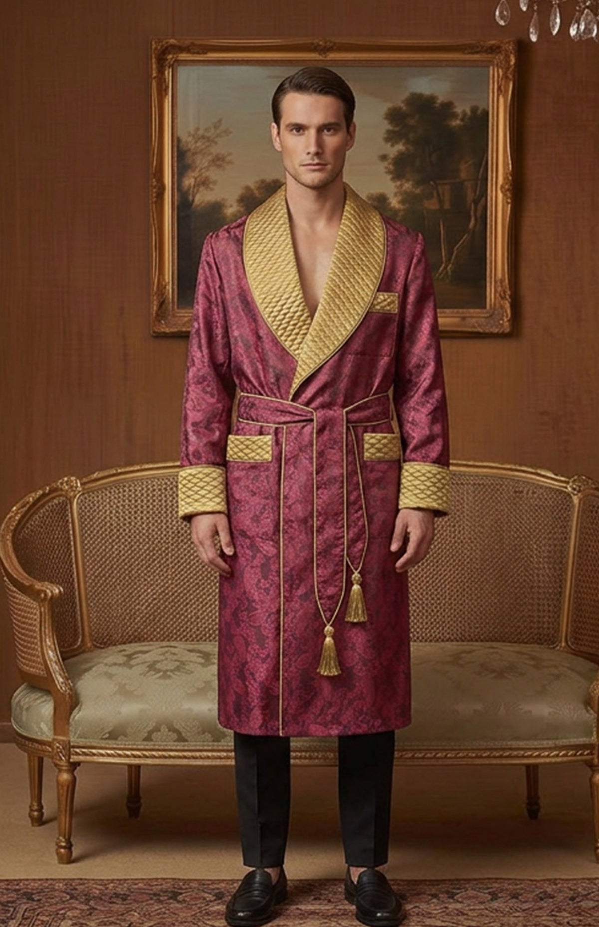 The Gilded Marquess | Wine & Gold Paisley Jacquard Quilted Robe for Men