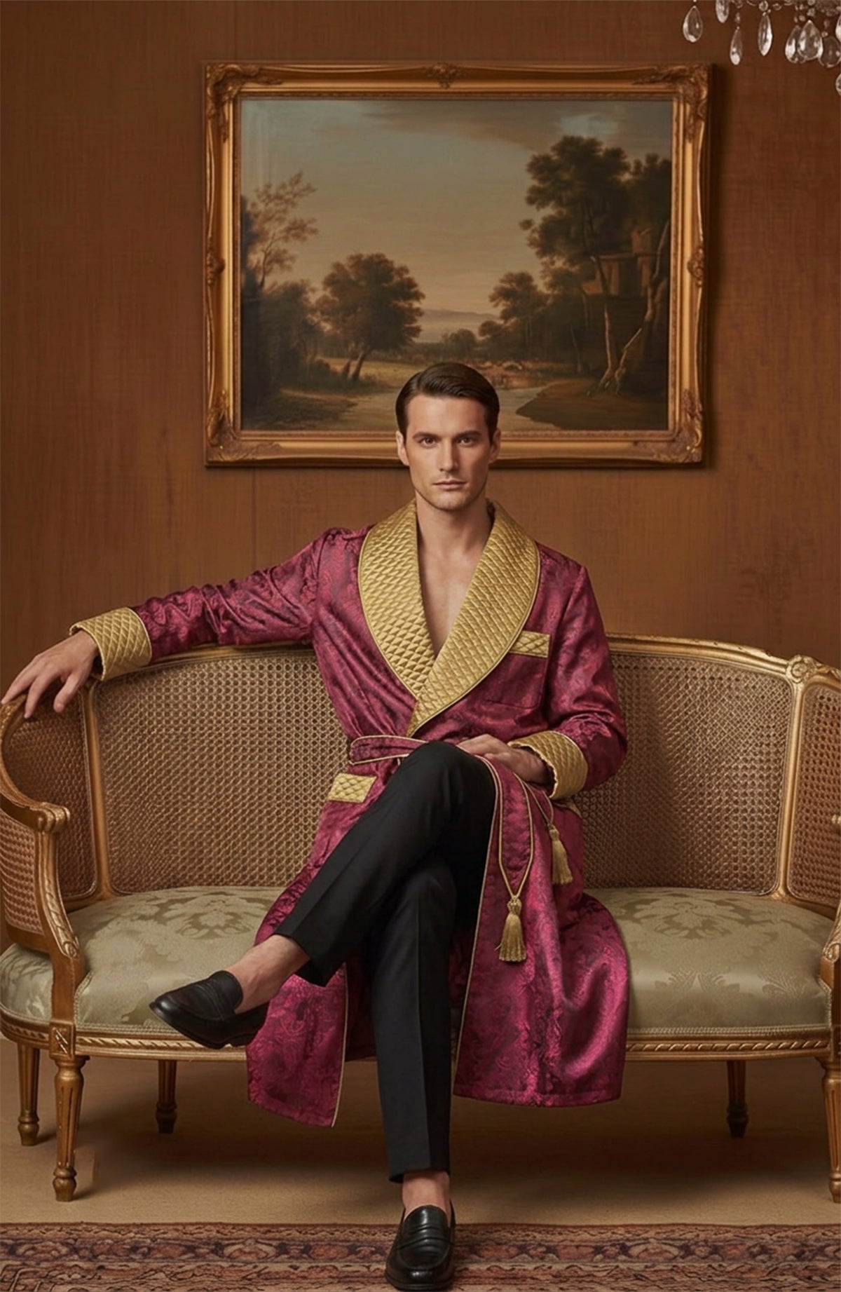 The Gilded Marquess | Wine & Gold Paisley Jacquard Quilted Robe for Men