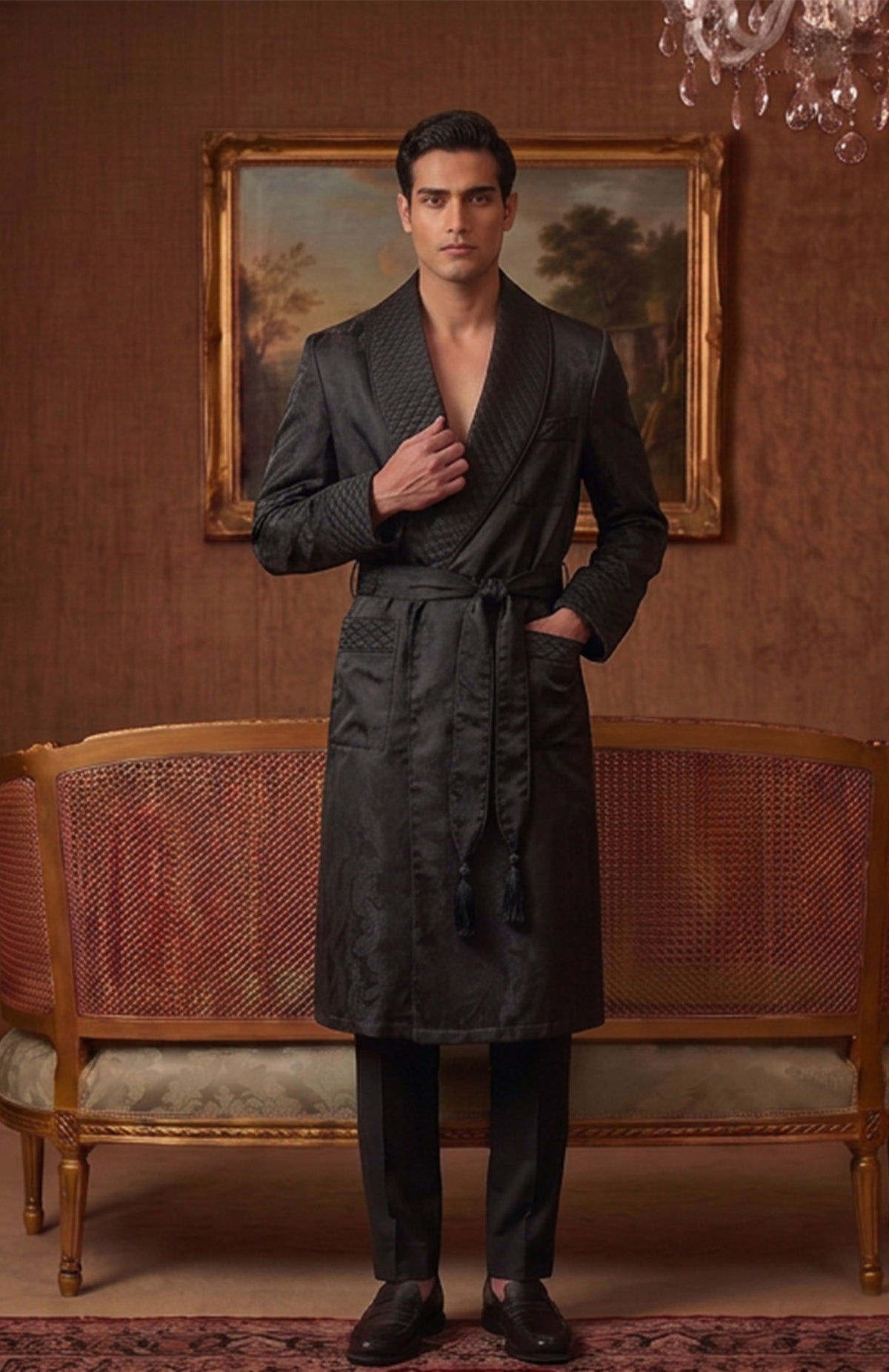 The Noir Baron | All-Black Paisley Jacquard Quilted Robe for Men