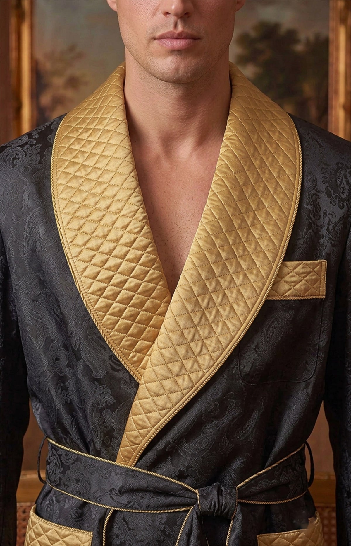 The Onyx Heir | Black & Gold Paisley Jacquard Quilted Robe for Men