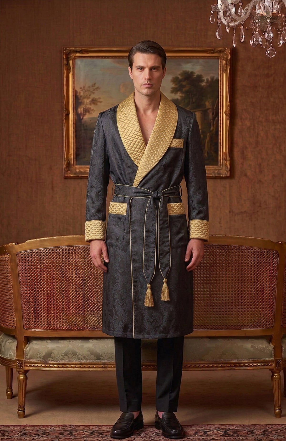 The Onyx Heir | Black & Gold Paisley Jacquard Quilted Robe for Men