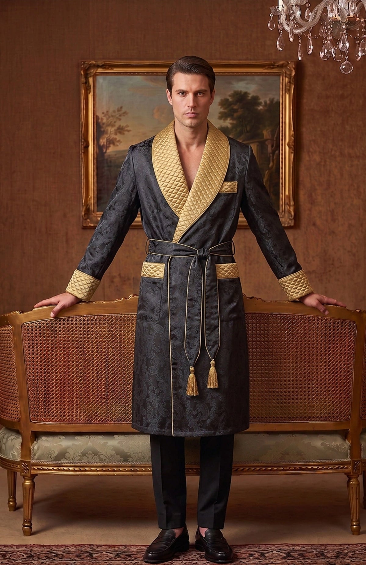 The Onyx Heir | Black & Gold Paisley Jacquard Quilted Robe for Men