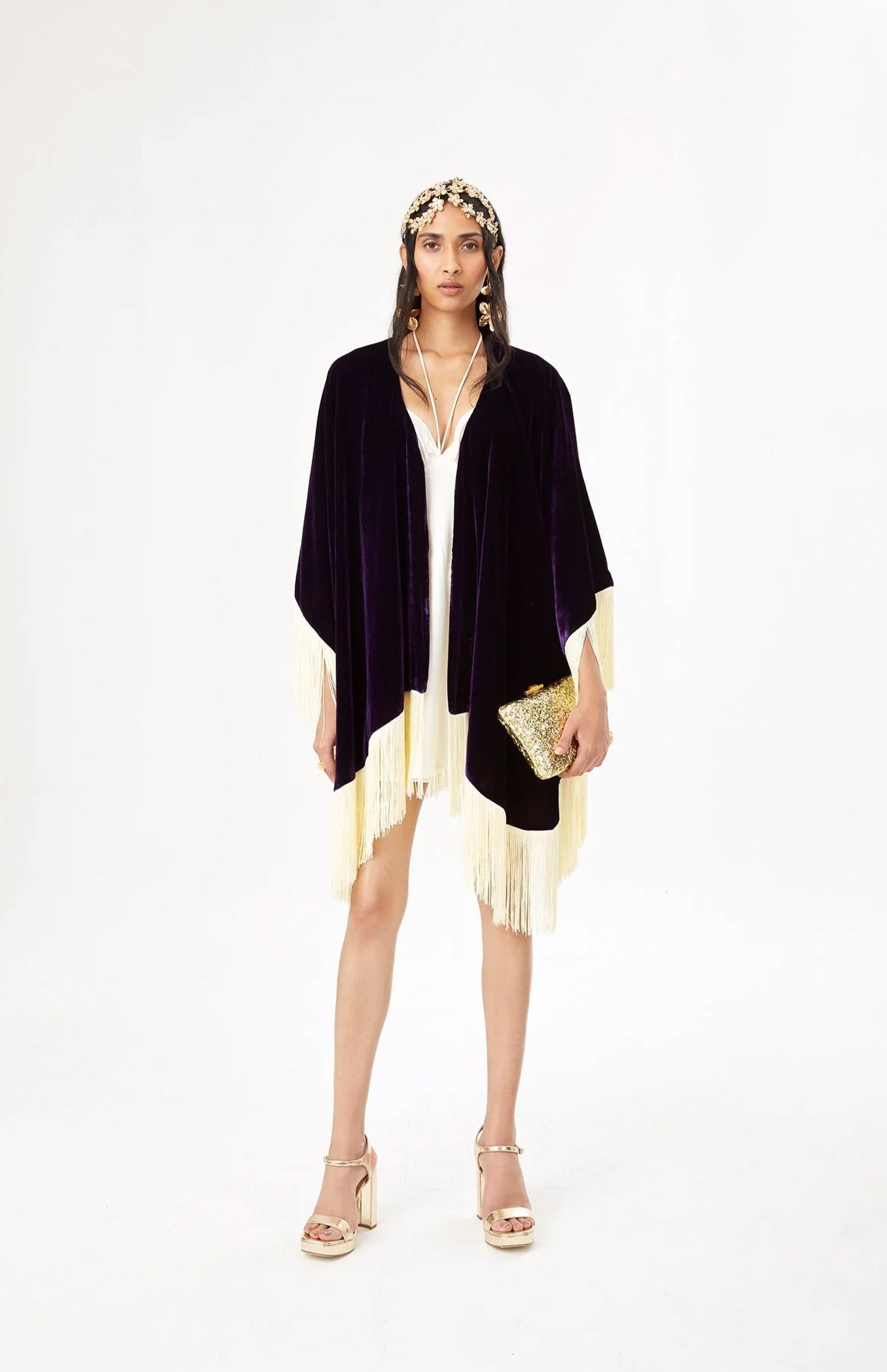 Royal Purple Opulence | Ivory Fringe Velvet Poncho Wrap
