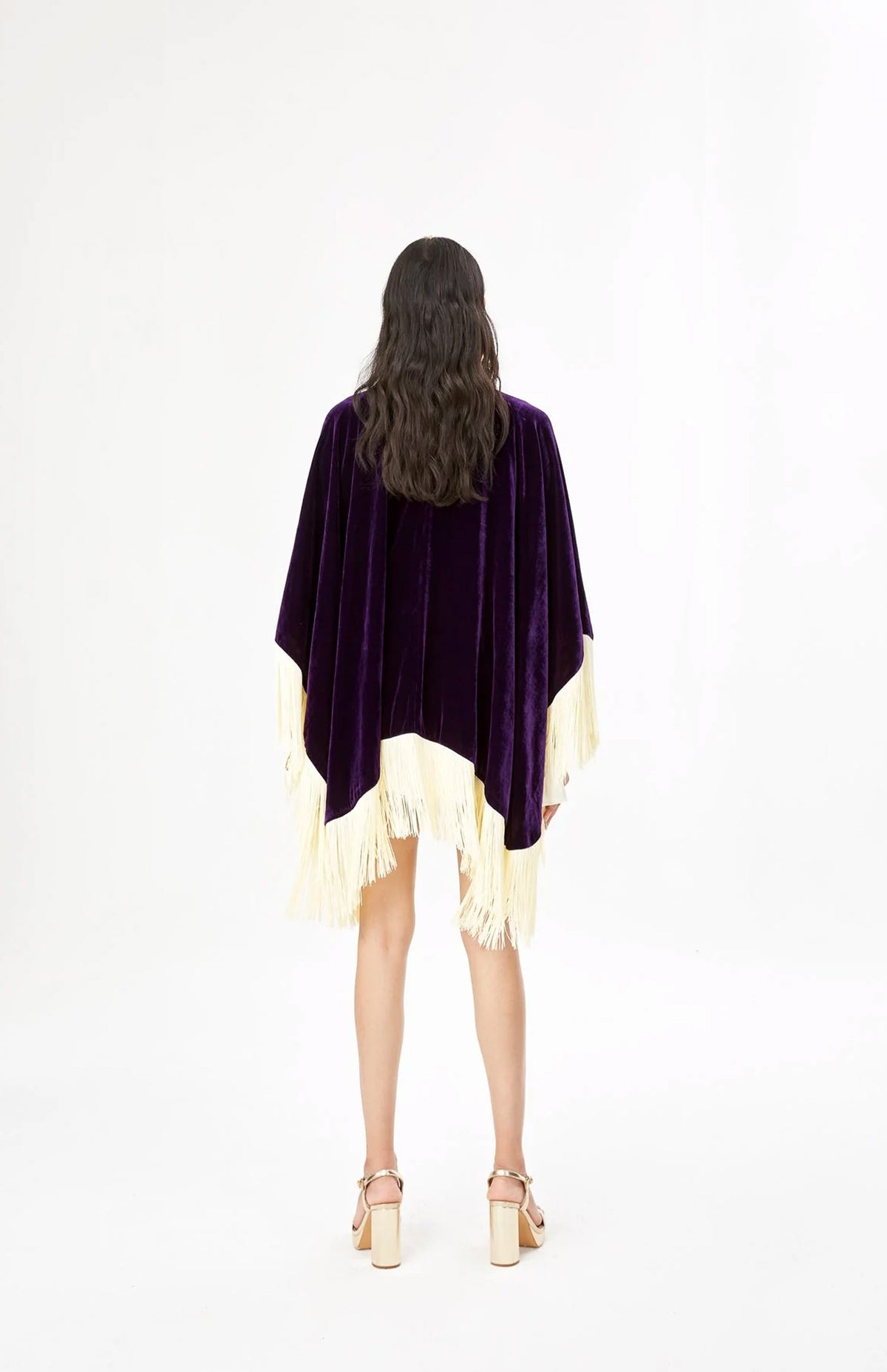 Royal Purple Opulence | Ivory Fringe Velvet Poncho Wrap