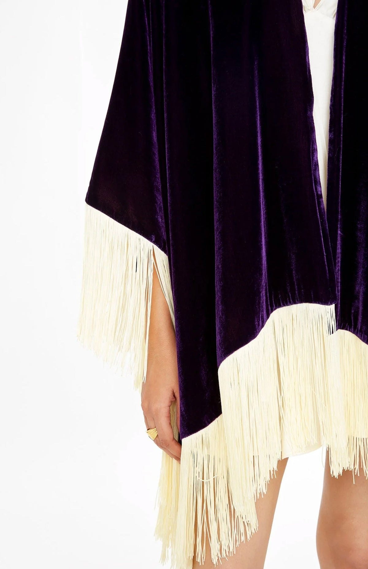 Royal Purple Opulence | Ivory Fringe Velvet Poncho Wrap