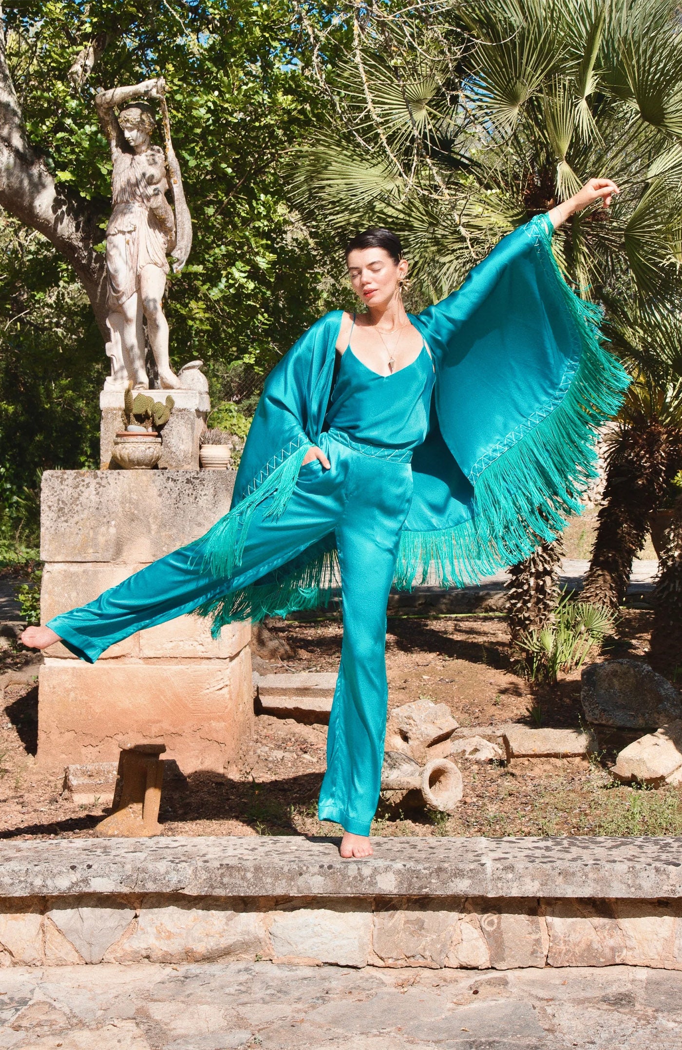 Teal Boho Diva | Fringe Trimmed Satin Kimono Poncho Cover-Up