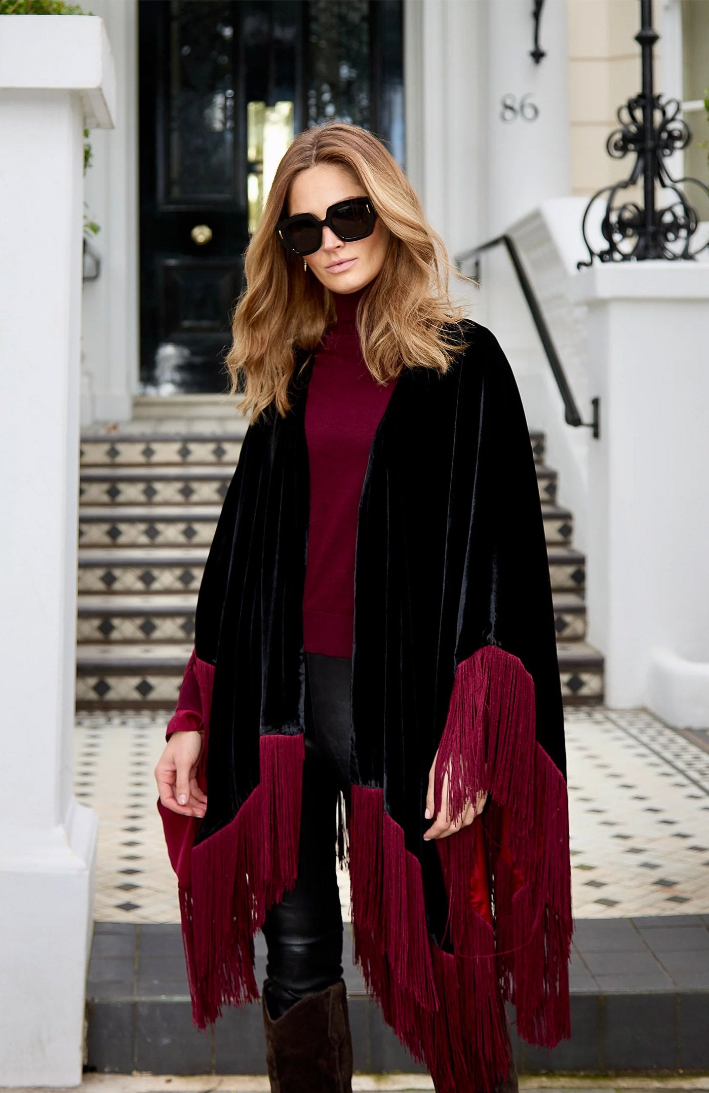 Noir Wine Diva | Fringed Velvet After-Dark Poncho Jacket
