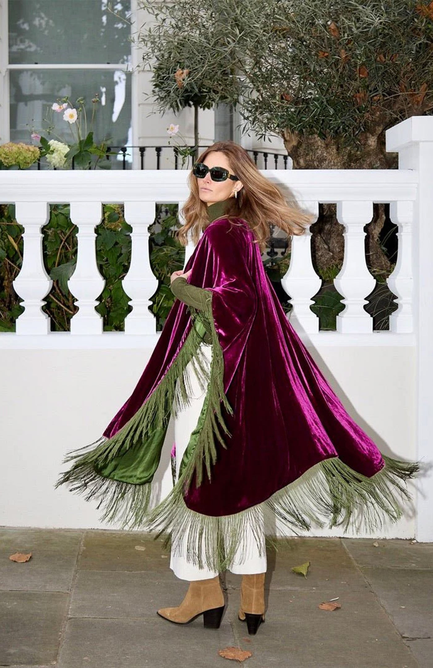 Jewel-Tone Glamour | Magenta & Olive Fringed Velvet Poncho
