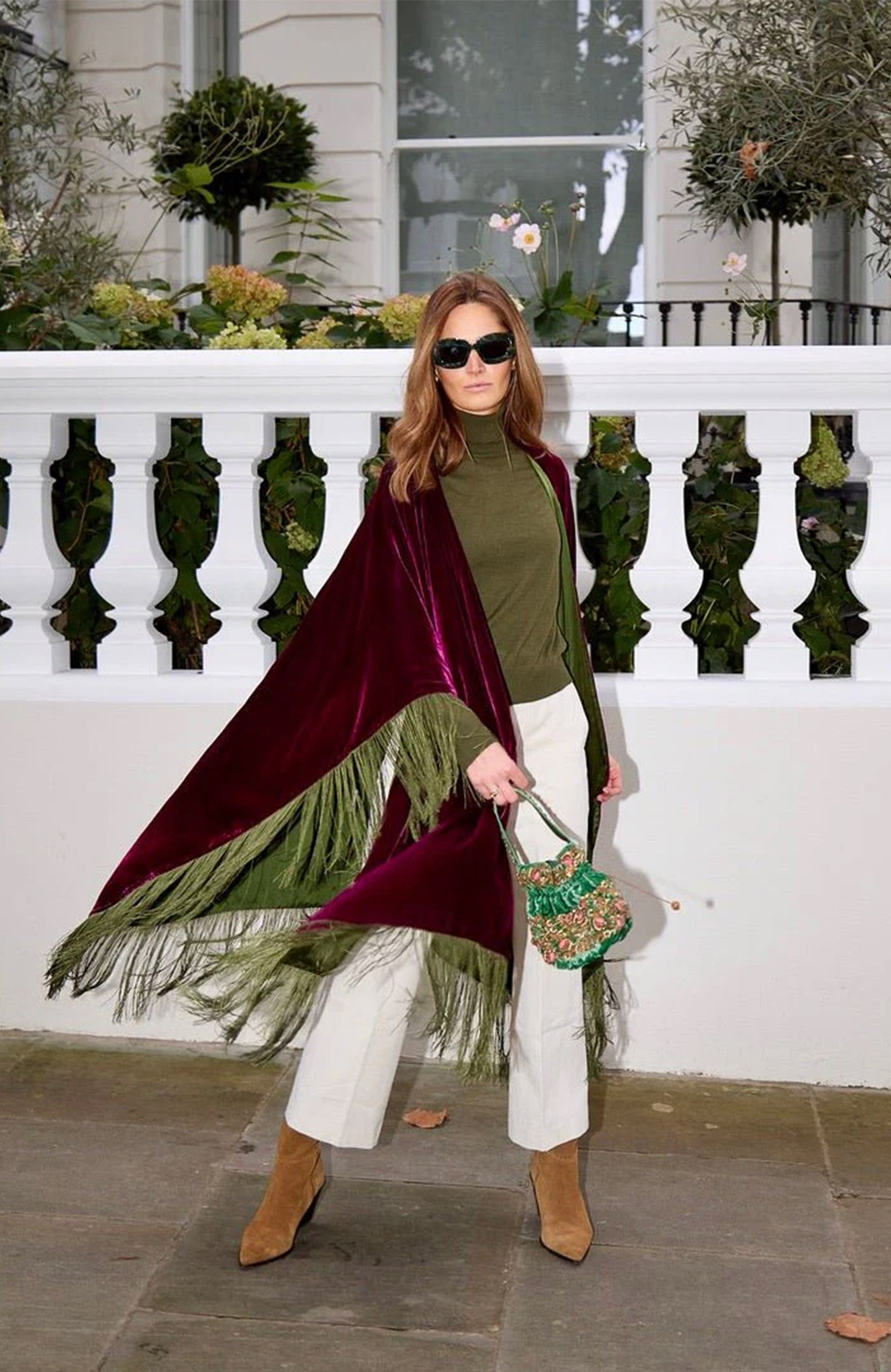 Jewel-Tone Glamour | Magenta & Olive Fringed Velvet Poncho