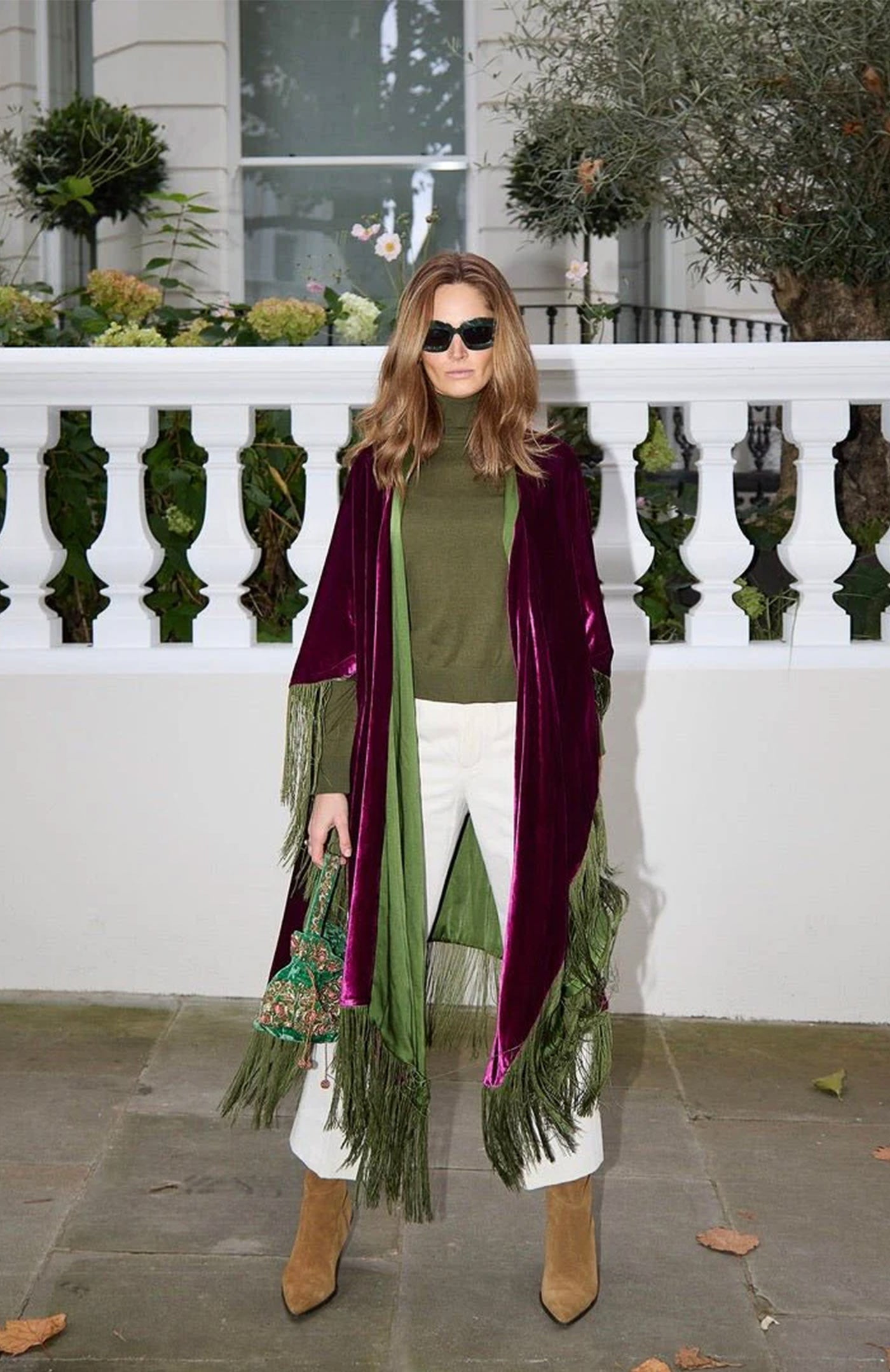 Jewel-Tone Glamour | Magenta & Olive Fringed Velvet Poncho