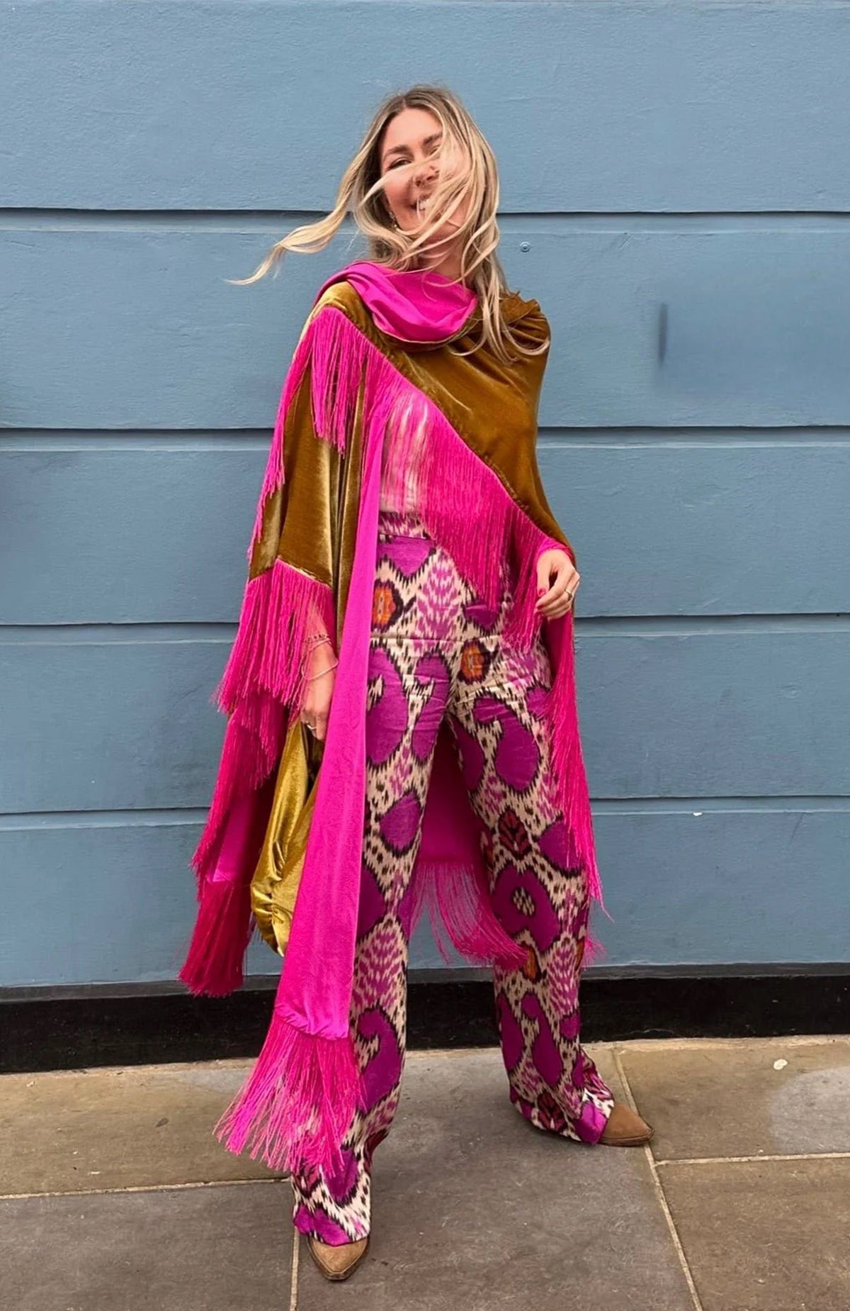 Golden Opulence | Pink Fringe Velvet Poncho Wrap