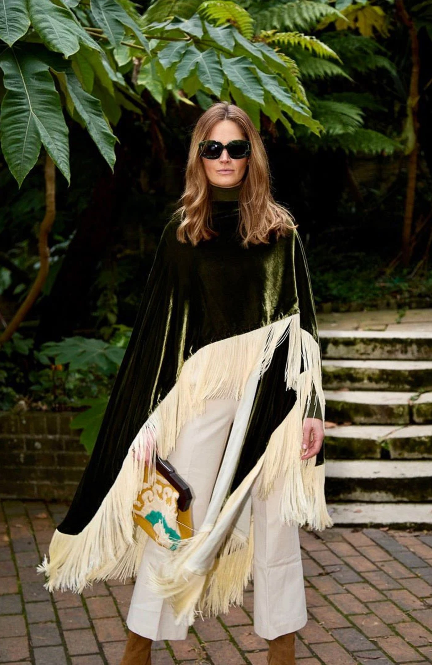 Emerald Luxe Diva | Ivory Fringe Velvet Poncho Wrap