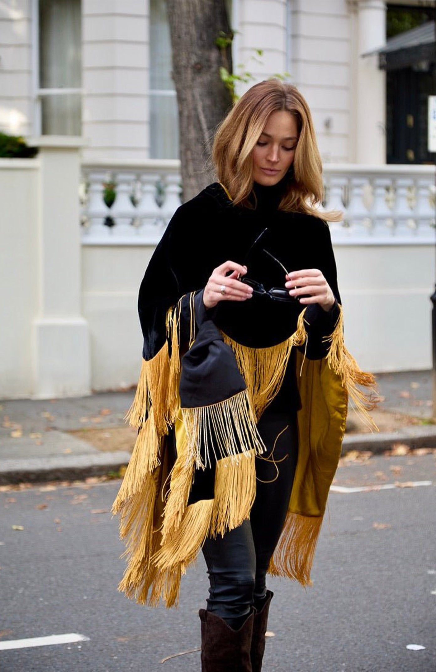 Noir Gold Opulence | Fringed Velvet After-Dark Poncho Jacket