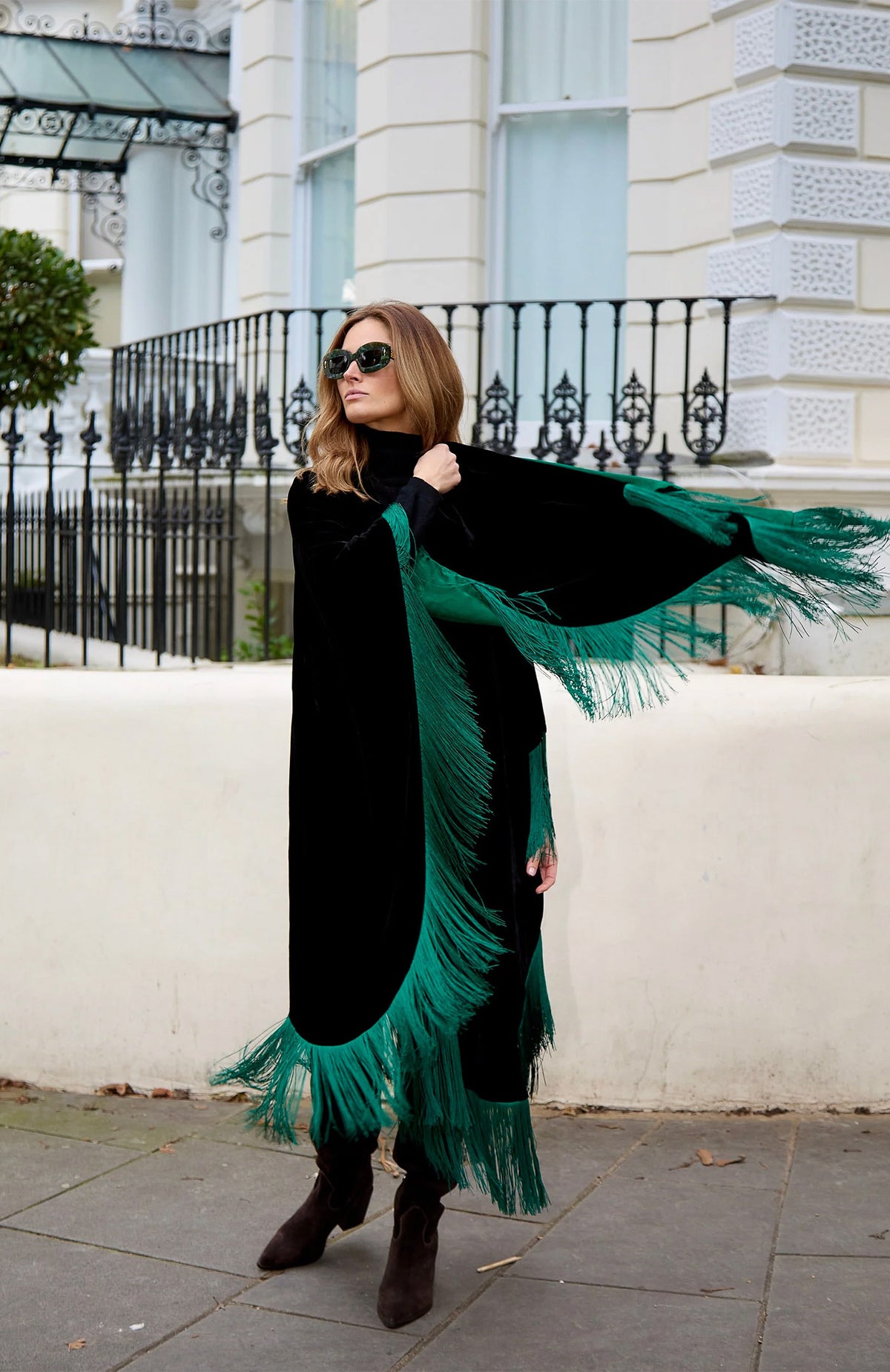 Midnight Ivory Opulence | Fringed Velvet After-Dark Poncho Jacket