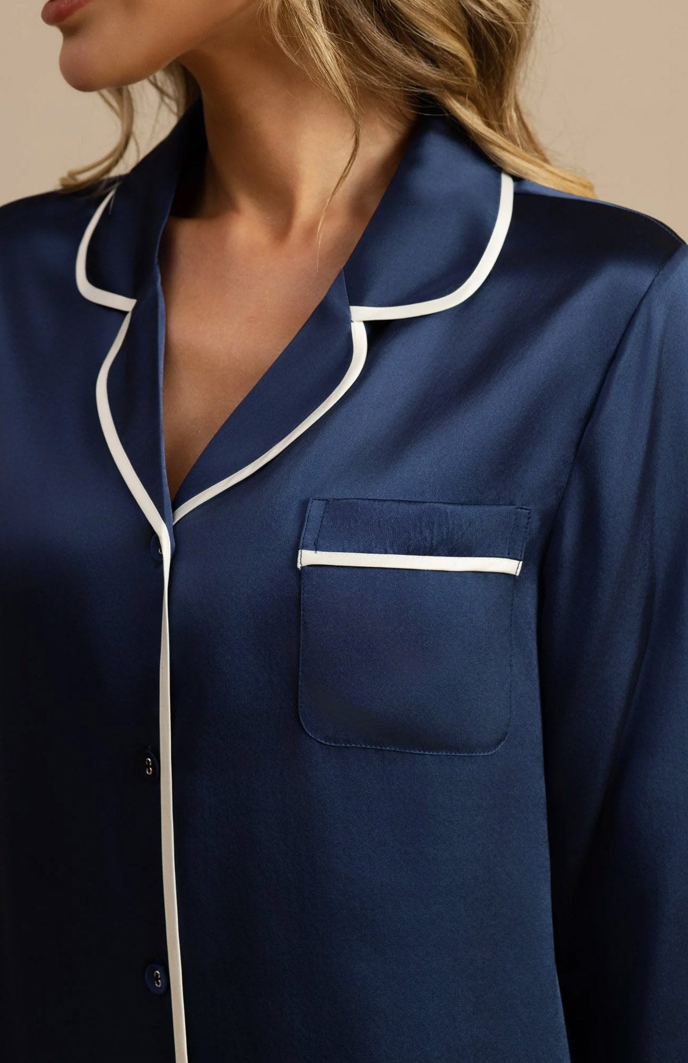Navy Blue | Satin Button-Down Pajama Set