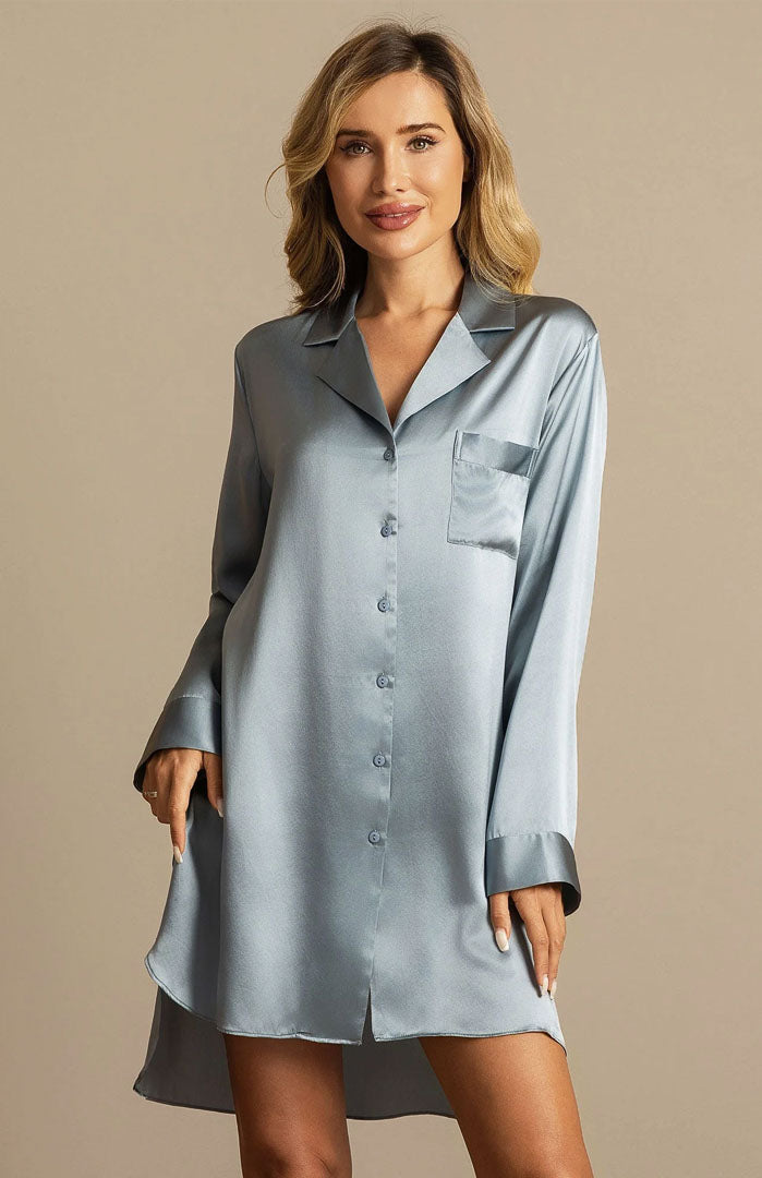 Blue Babe – Luxury Satin Boyfriend Shirt Nightdress