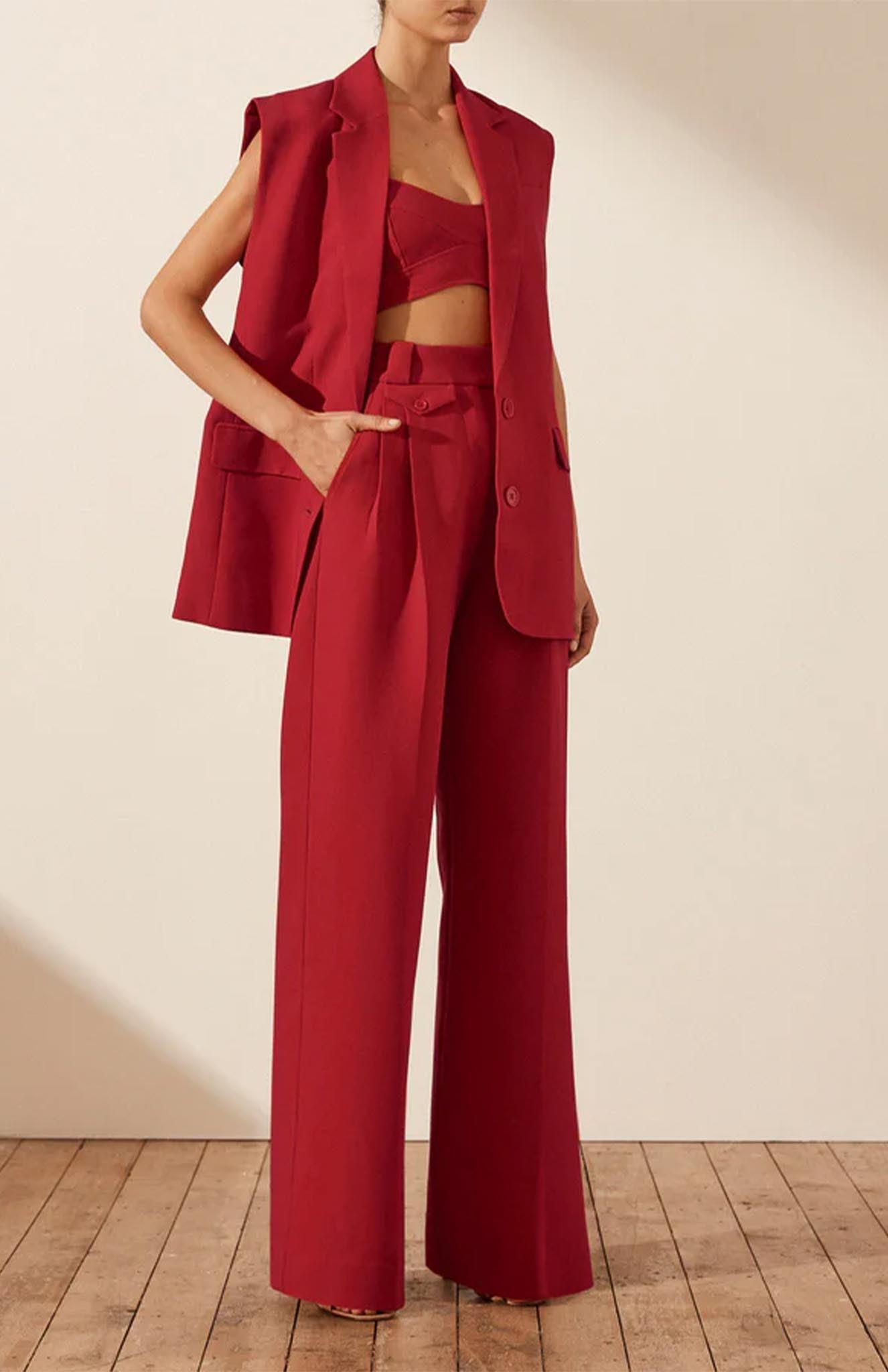 Cherry Chic | Red Blazer Sets - Luxeiv-sleeveless -blazer set