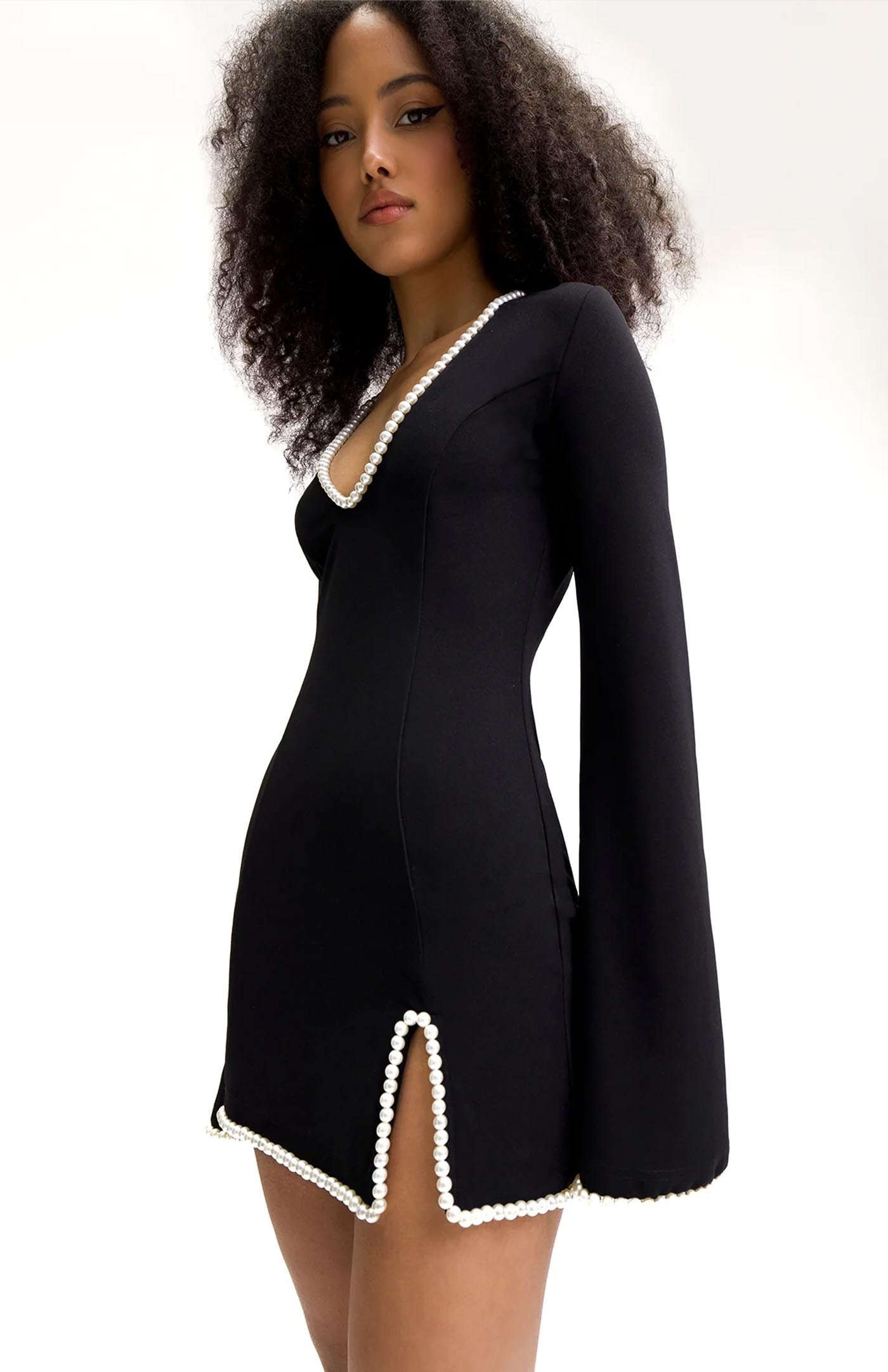 Pearl Glam Noir Mini | Mini Black Dress with Pearl Detailing