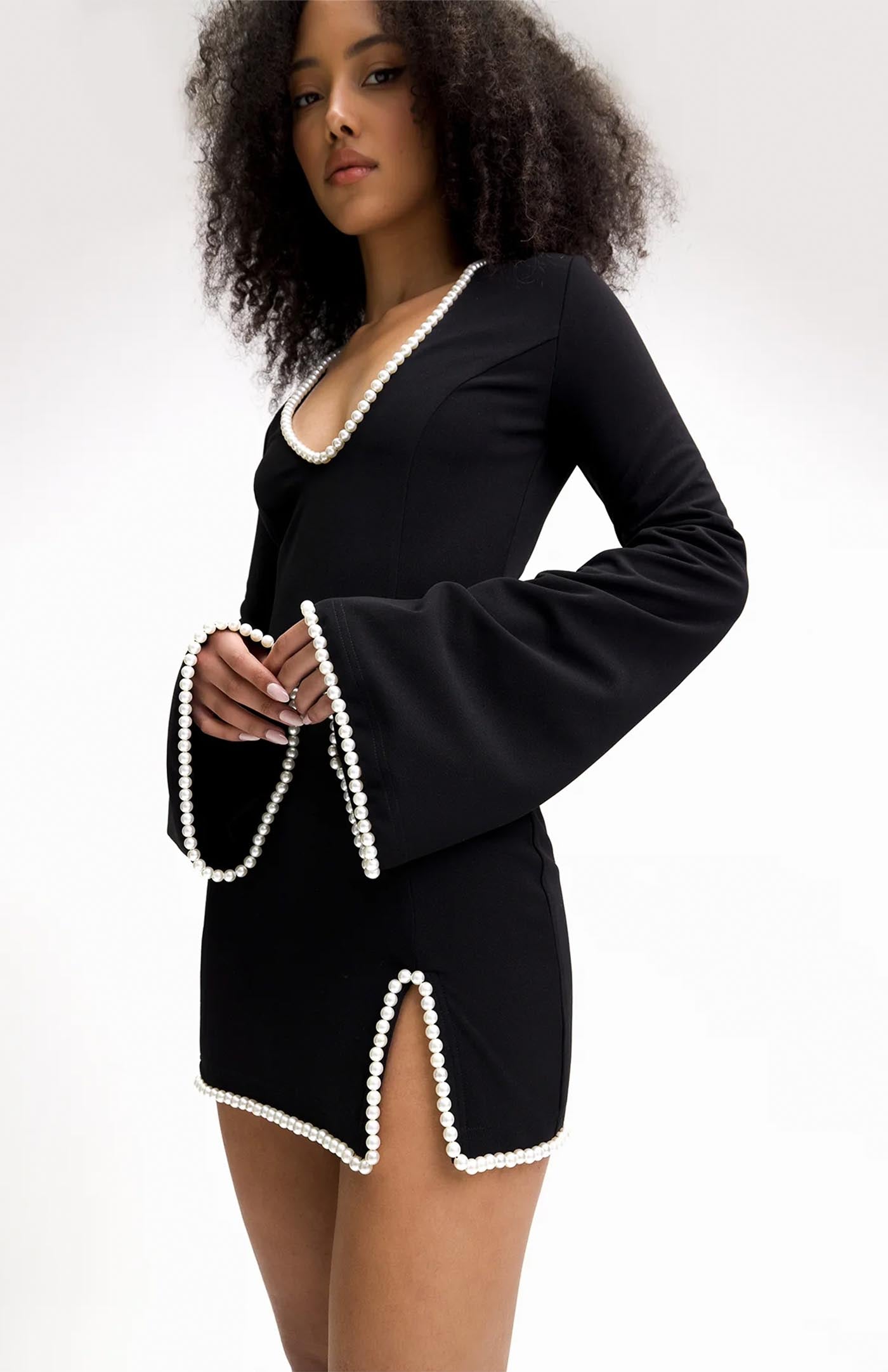 Pearl Glam Noir Mini Mini Black Dress with Pearl Detailing