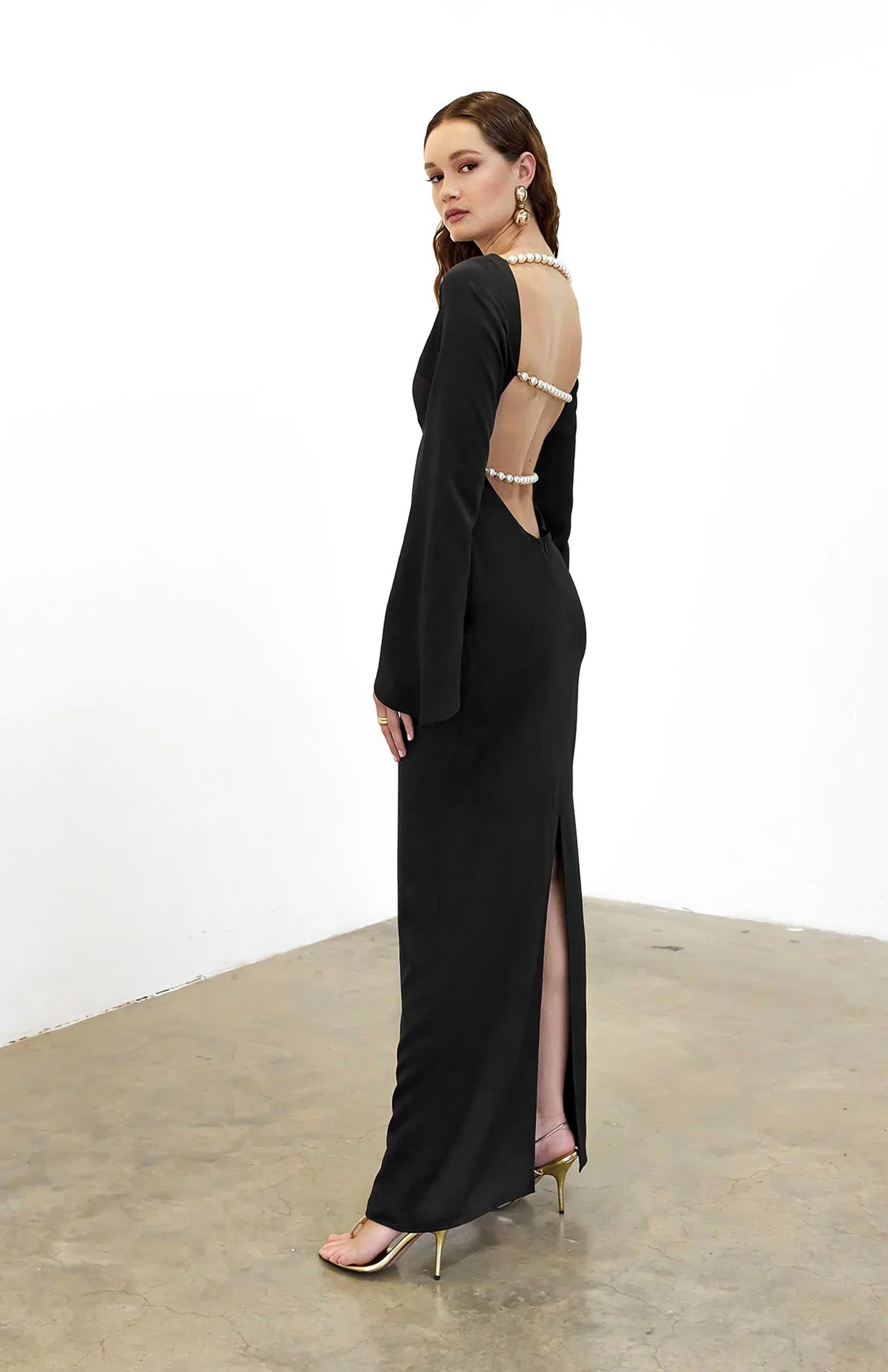 Pearl Cascade Gown | Black Dress with Pearl Strings