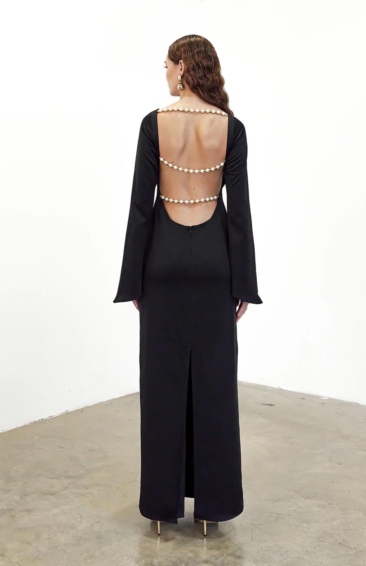 Pearl Cascade Gown | Black Dress with Pearl Strings