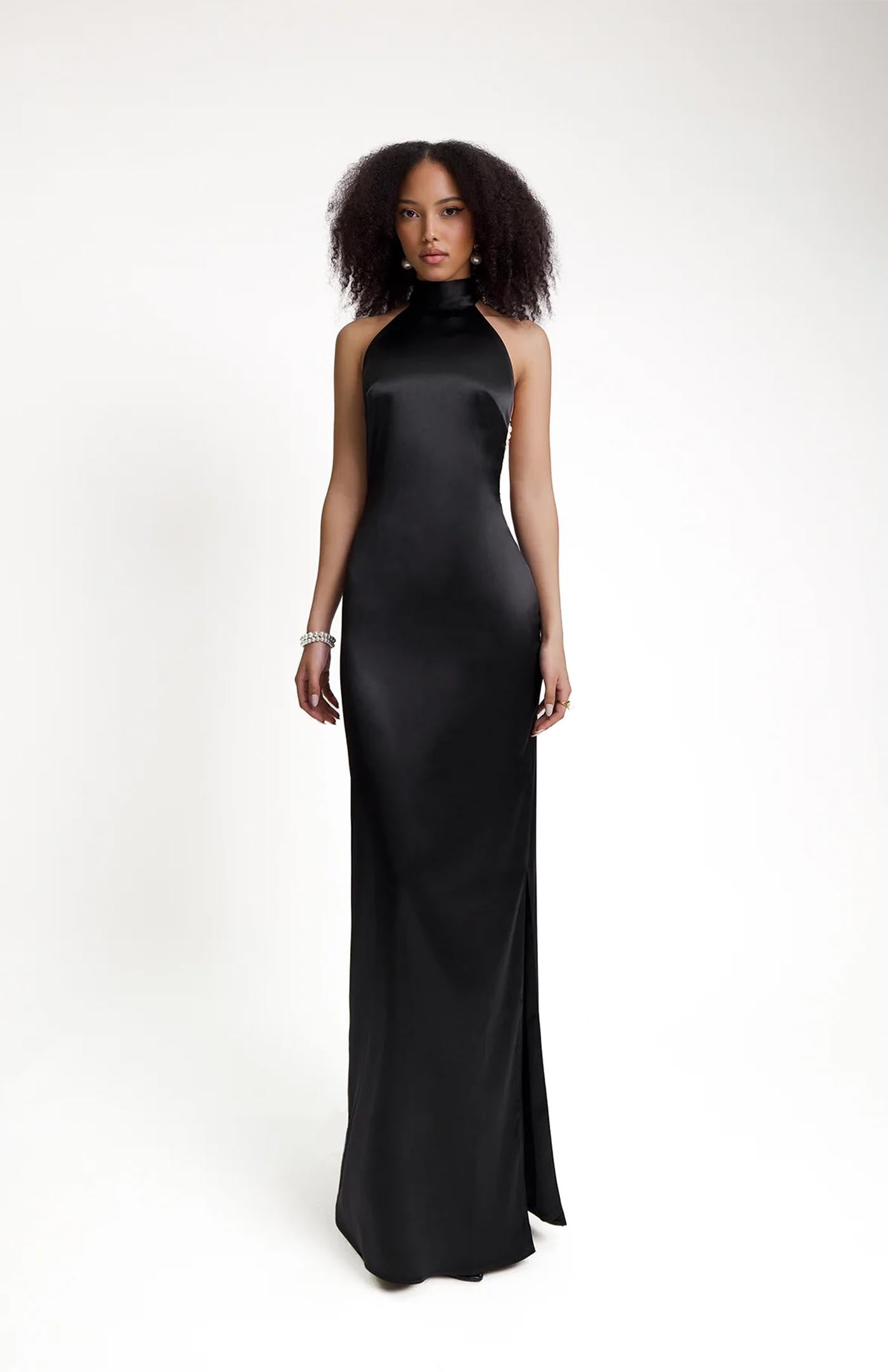 long black dress with pearls Hold My Pearls Open Back Satin Long Dress main image 0