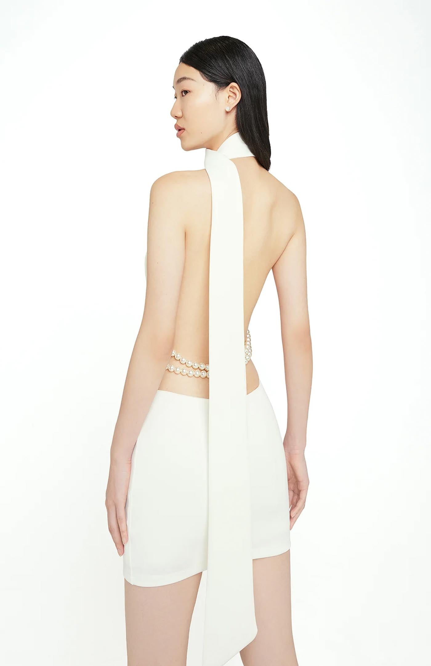 Pearl Drape Mini White Dress