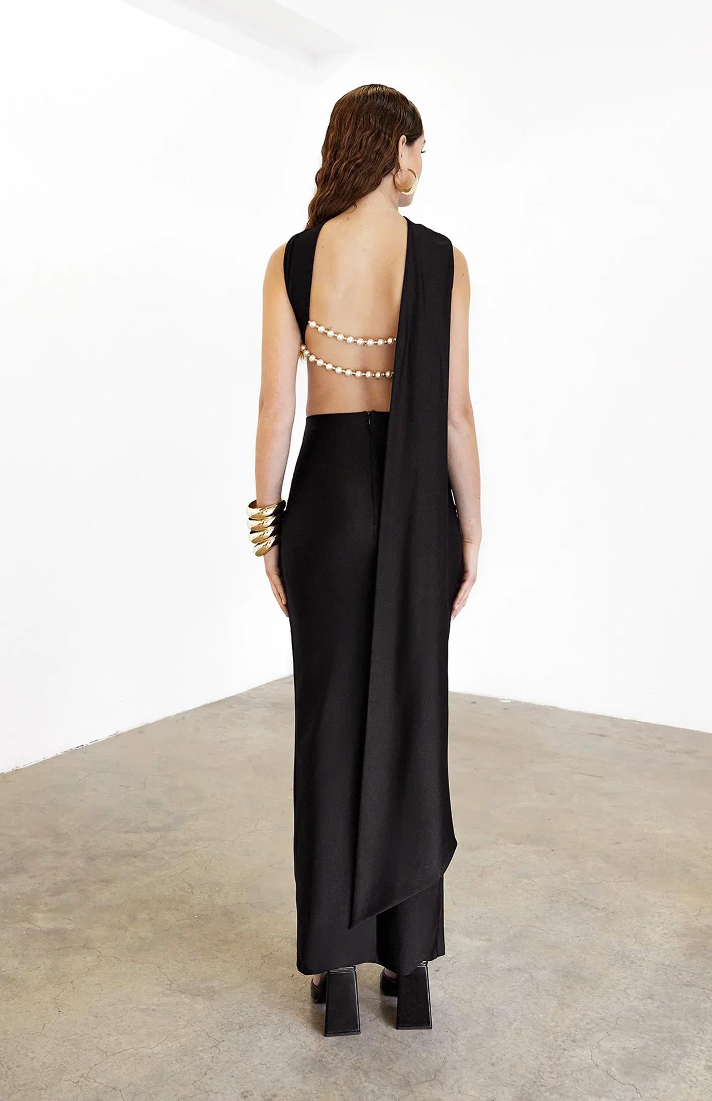 Luna Pearl Ensemble | Black Dress with pearl strings
