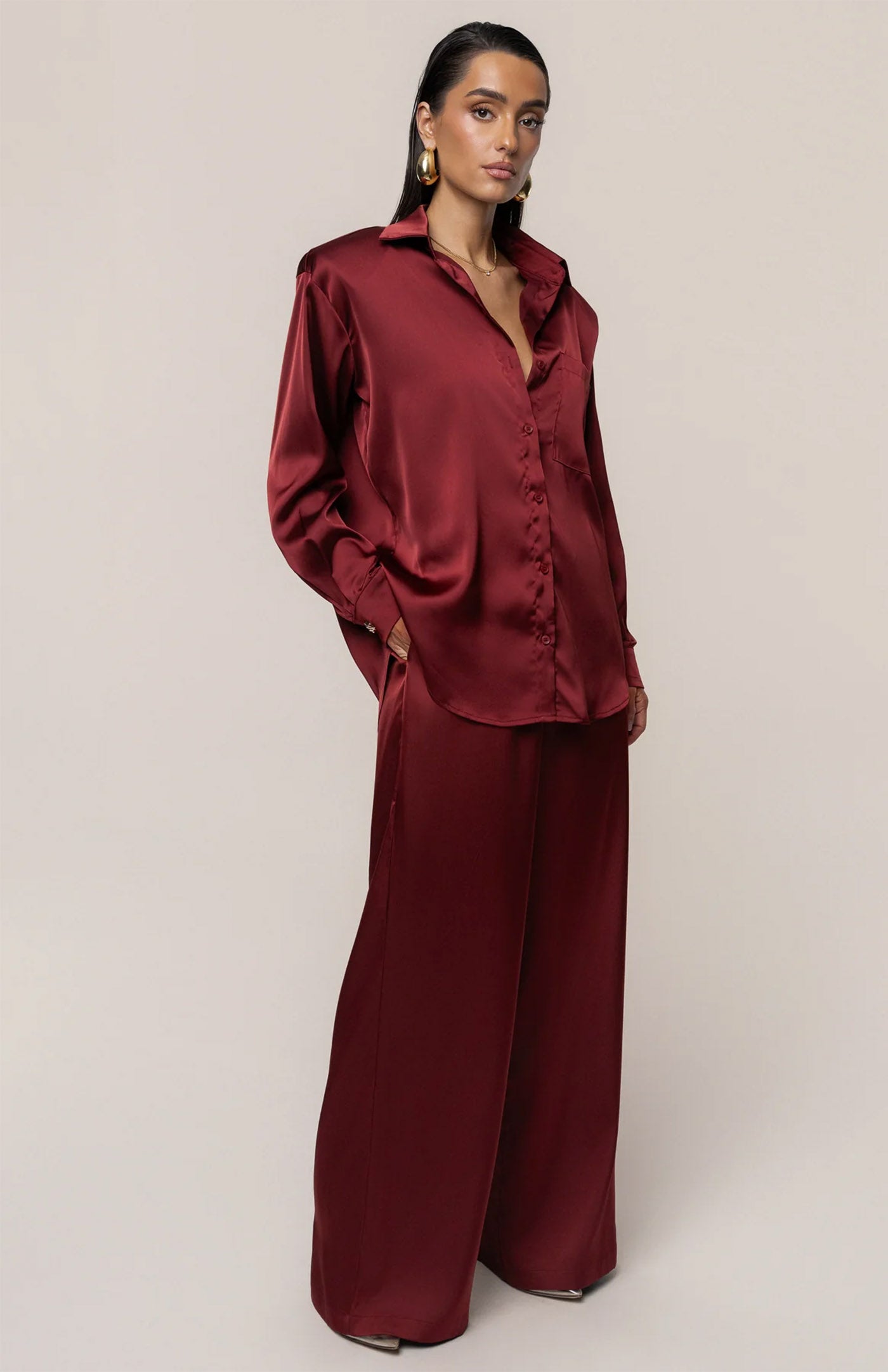 Burgundy Luxe | Tailored Satin Button-Down Co-Ord