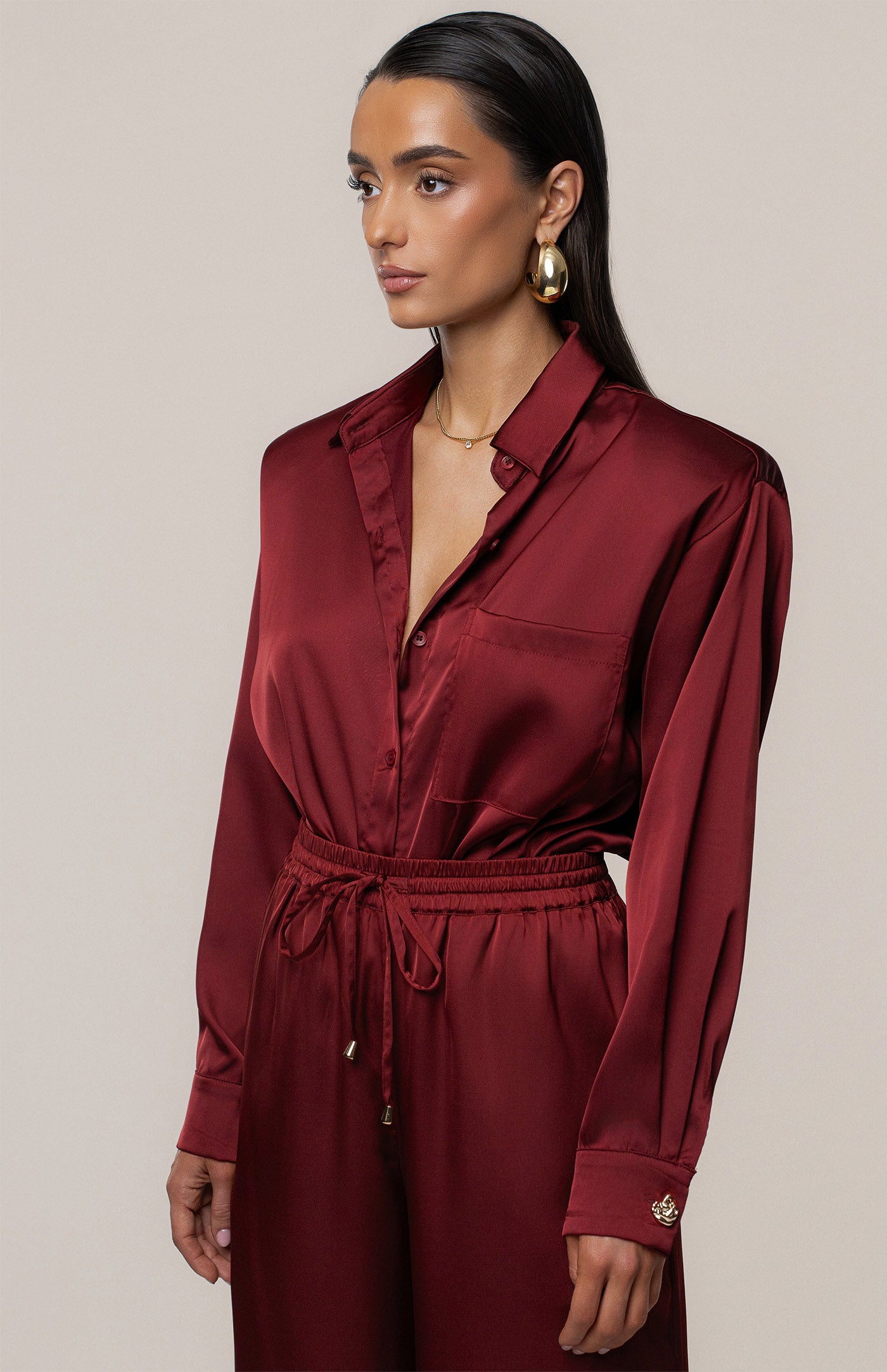 Burgundy Luxe | Tailored Satin Button-Down Co-Ord