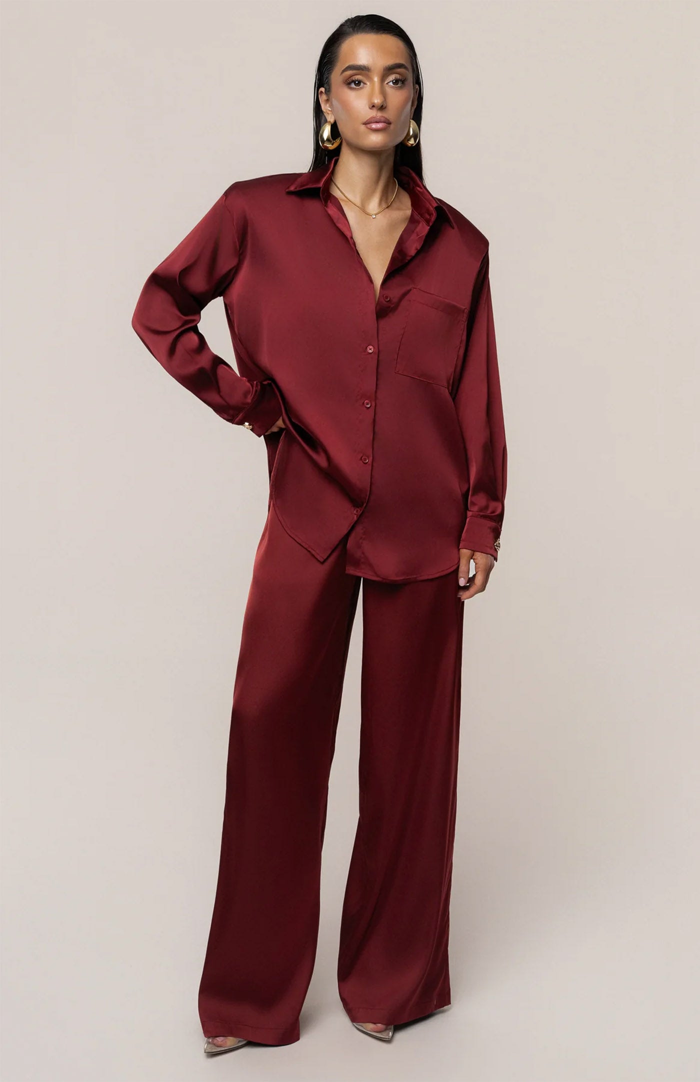 Burgundy Luxe | Tailored Satin Button-Down Co-Ord