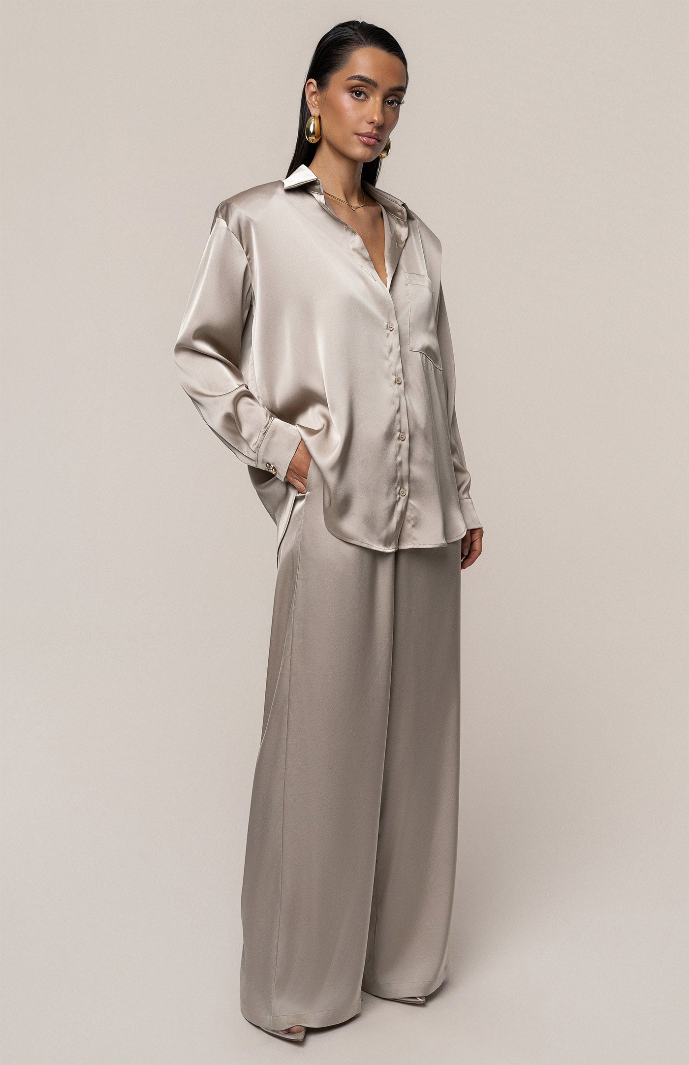 Champagne Dynasty | Tailored Satin Button-Down Co-Ord