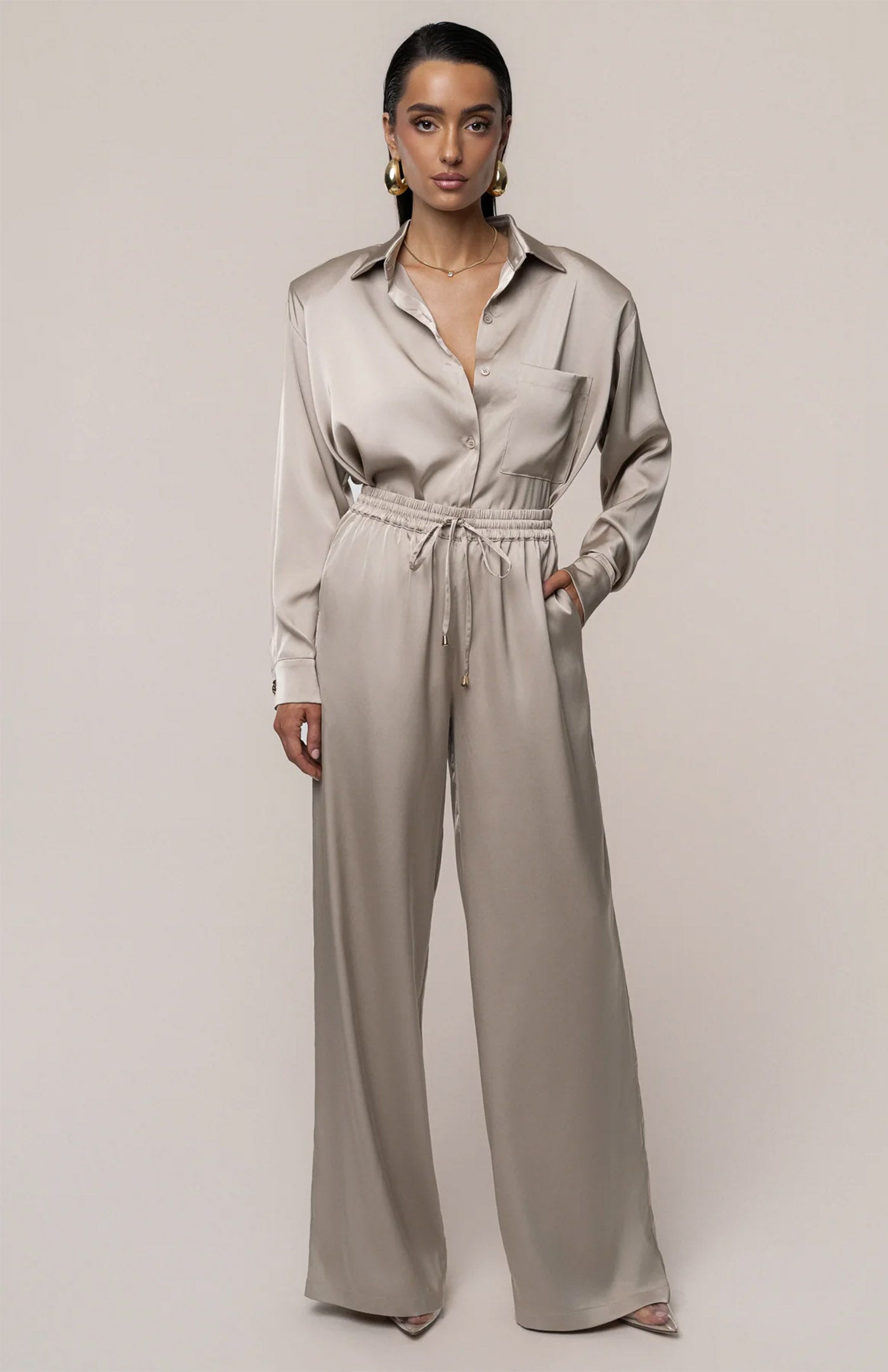 Champagne Dynasty | Tailored Satin Button-Down Co-Ord