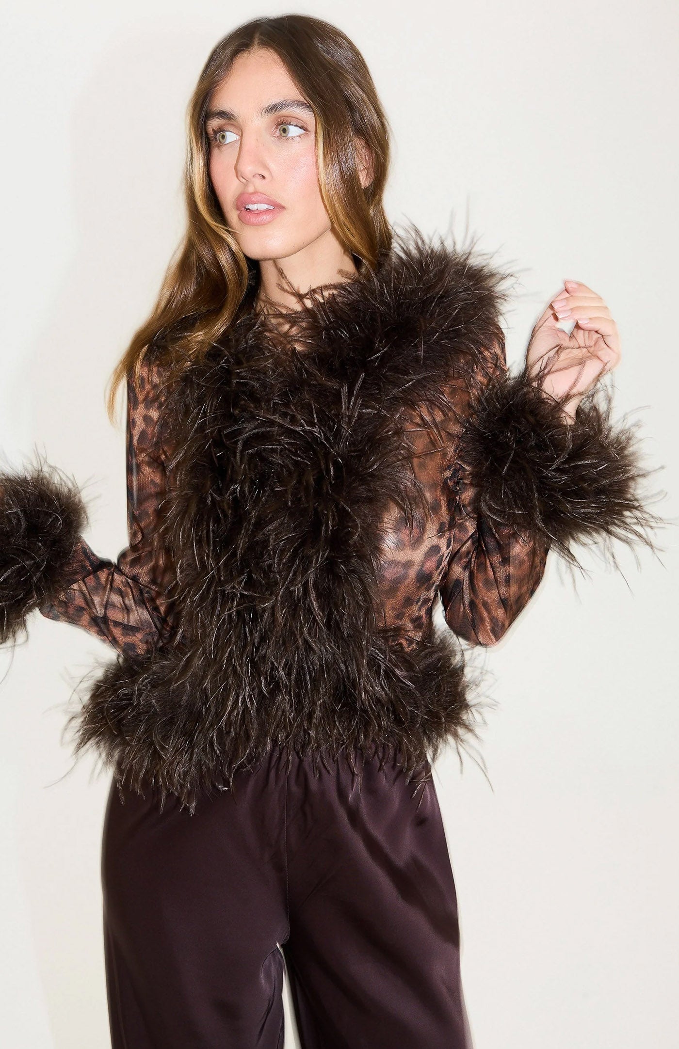 The Gaga Sheer Feather Leopard Blouse | Ostrich Feather Top