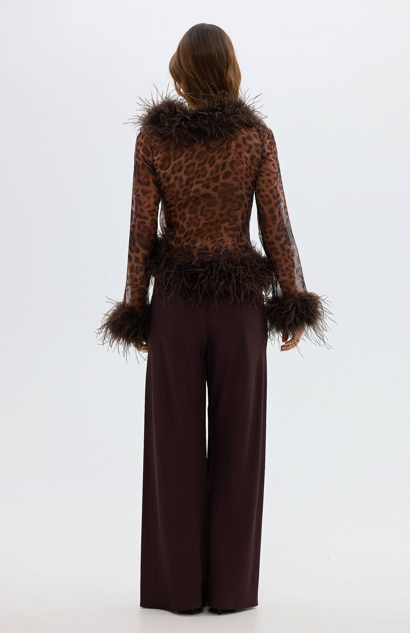 The Gaga Sheer Feather Leopard Blouse | Ostrich Feather Top