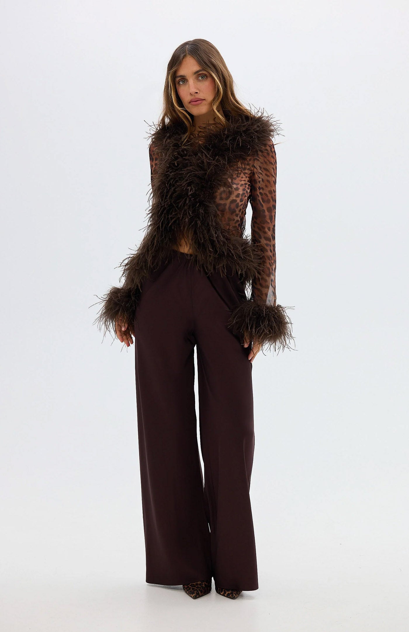 The Gaga Sheer Feather Leopard Blouse | Ostrich Feather Top