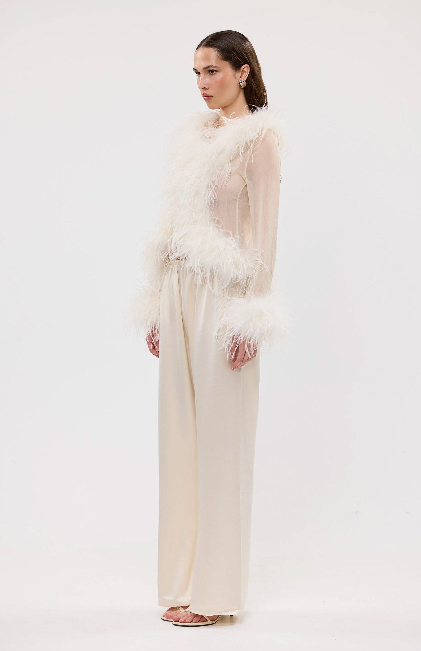 The Gaga Sheer Feather Ivory Blouse | Ostrich Feather Top