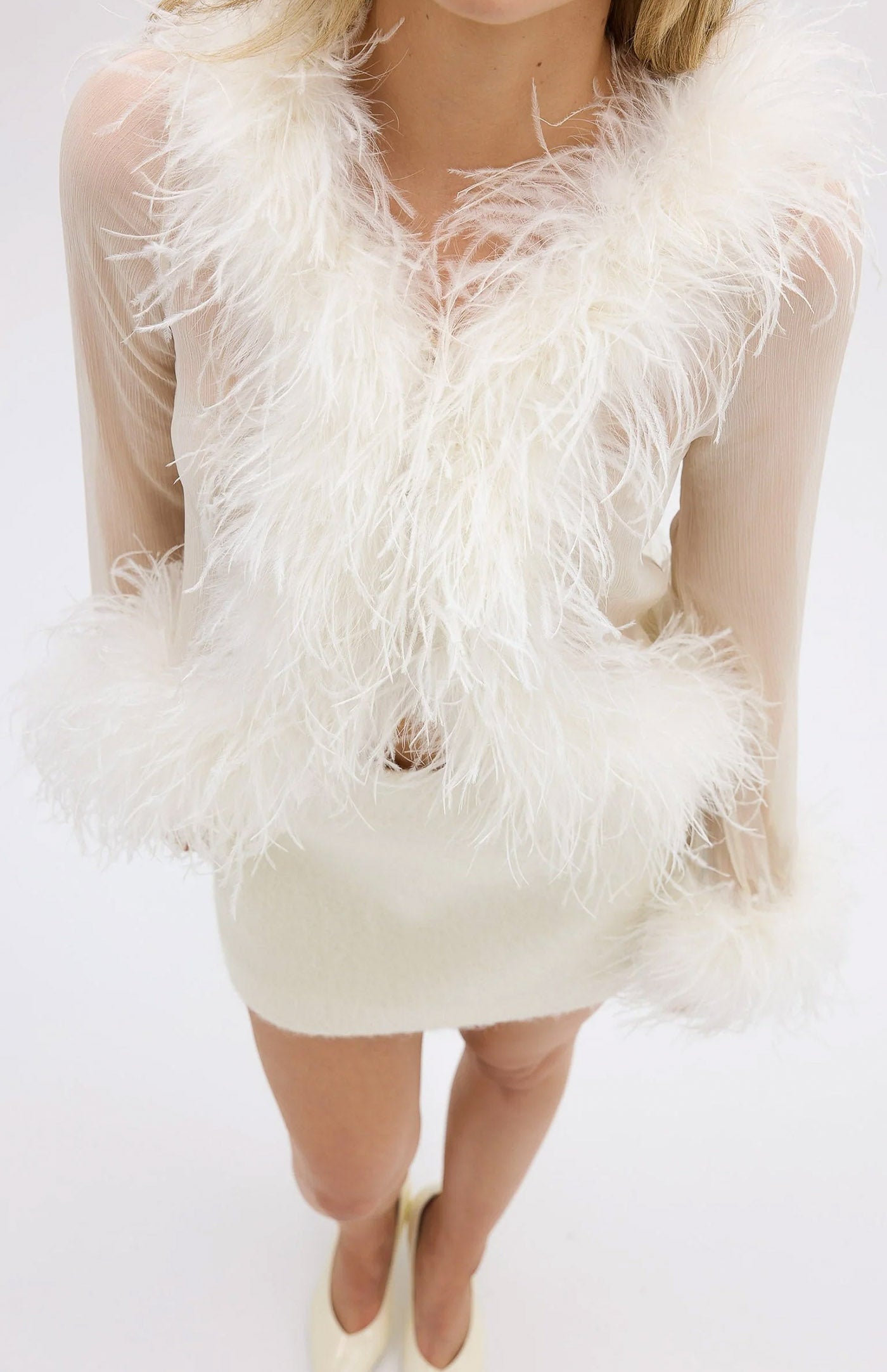 The Gaga Sheer Feather Ivory Blouse | Ostrich Feather Top