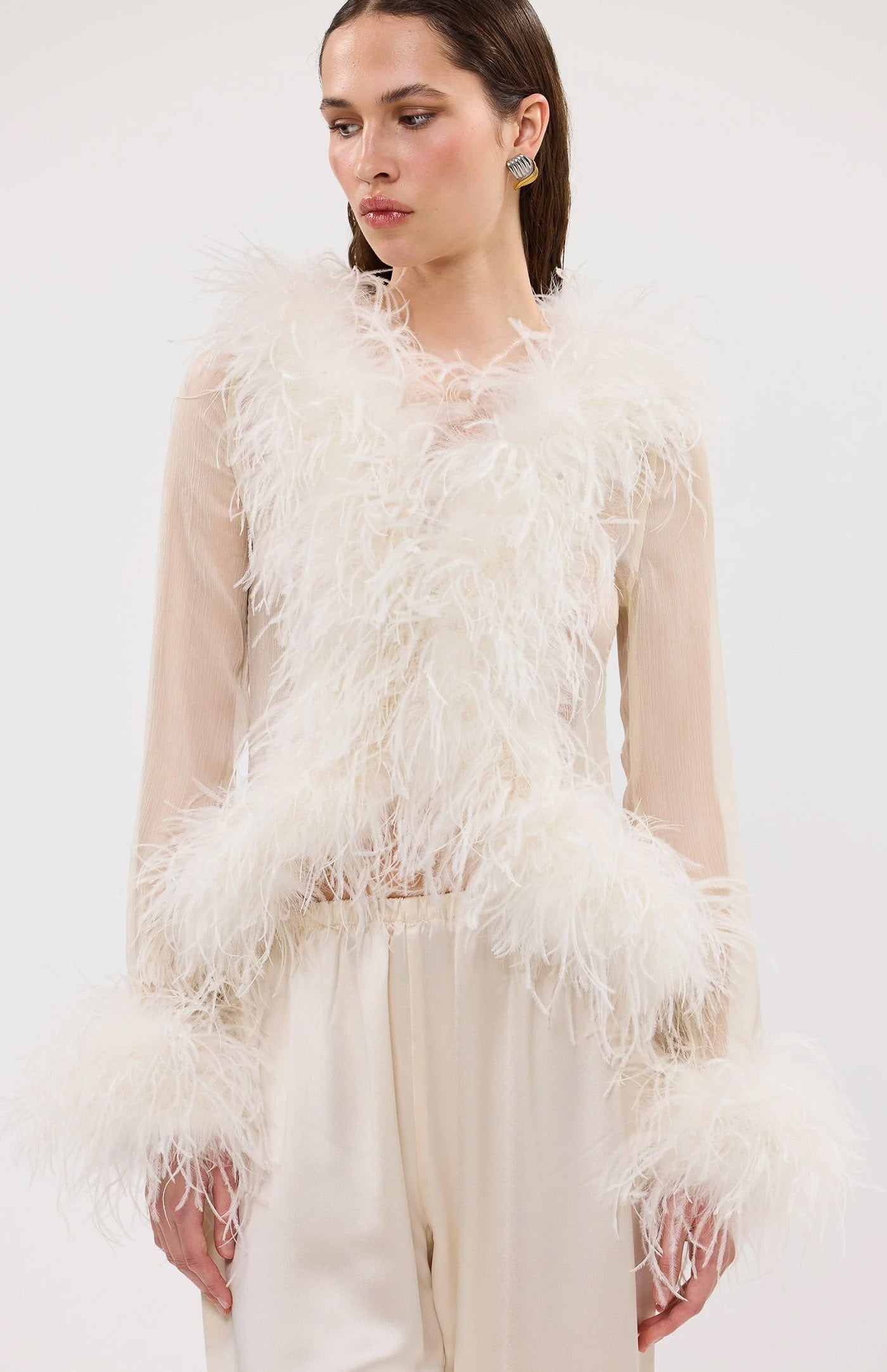 The Gaga Sheer Feather Ivory Blouse | Ostrich Feather Top