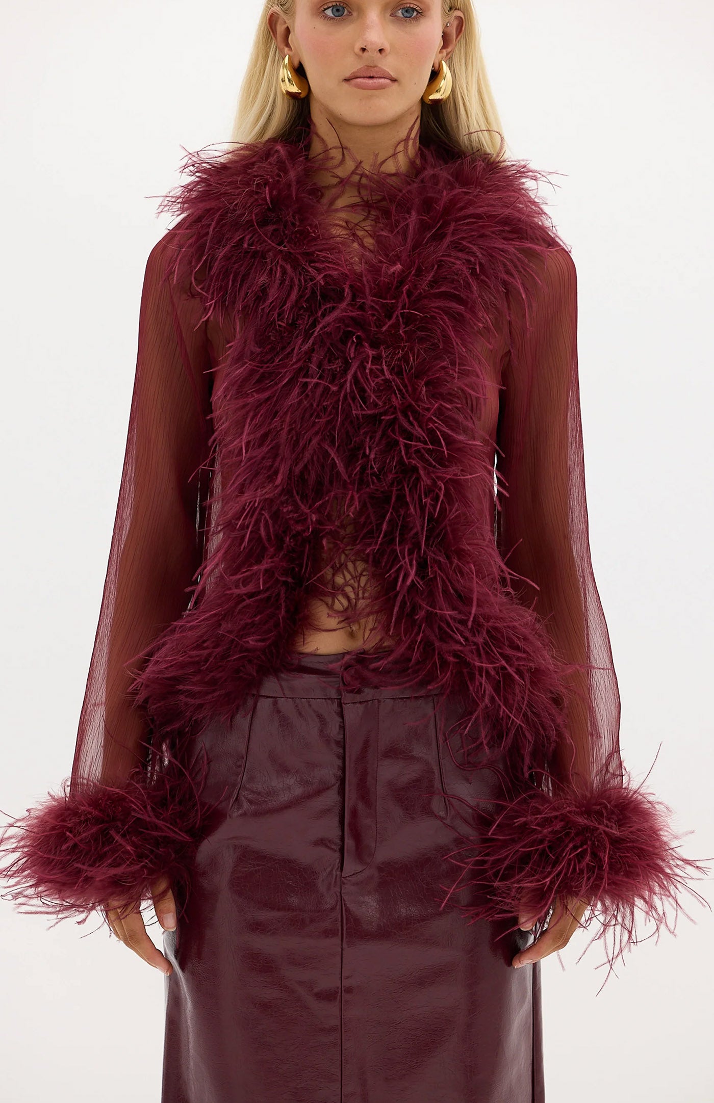 The Gaga Sheer Feather Cherry Blouse | Ostrich Feather Top