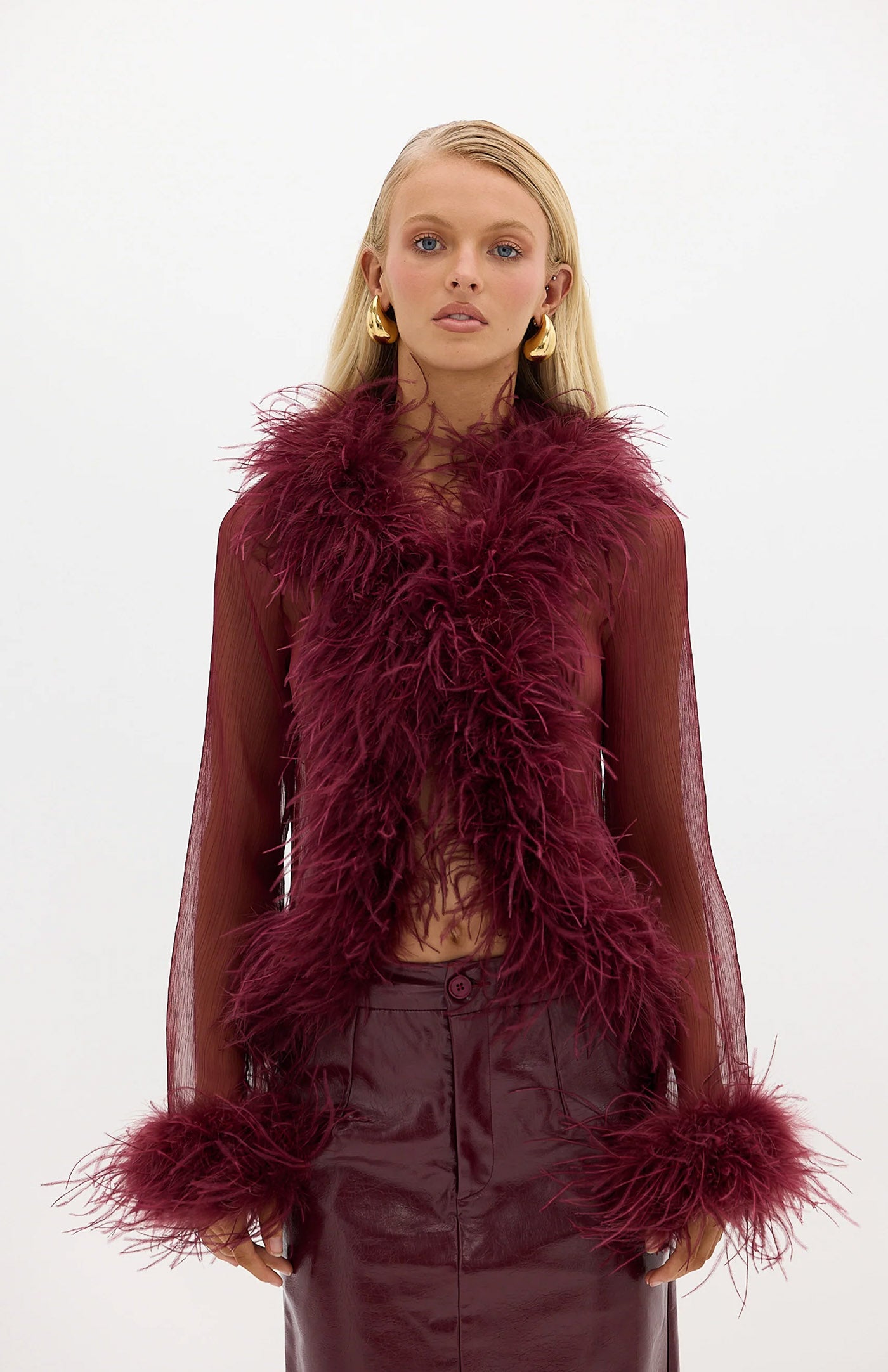The Gaga Sheer Feather Cherry Blouse | Ostrich Feather Top