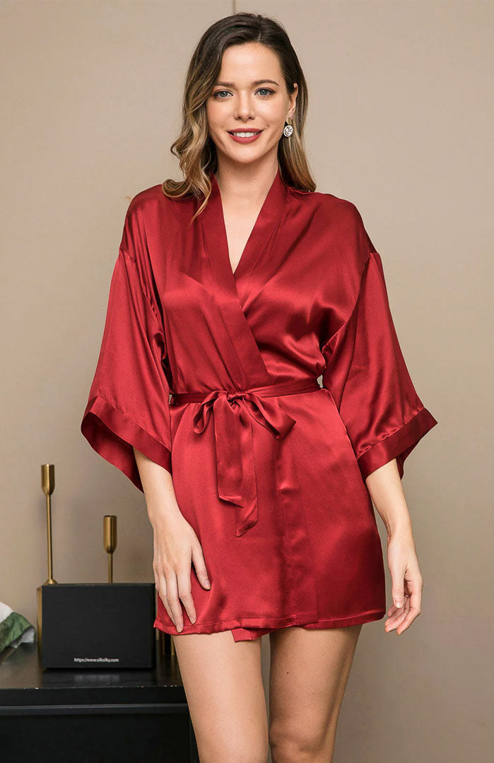 red silk dressing gown Women's Satin Kimono Short Robe | Color: Red | Material: 95% Polyester 5% Spandex