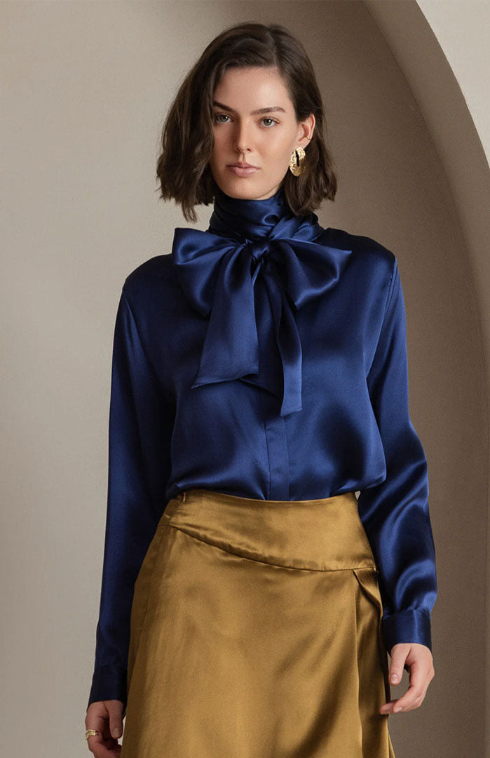 Ladies Blouses Blouse With Scarf Attached Eccentric Blue Silky