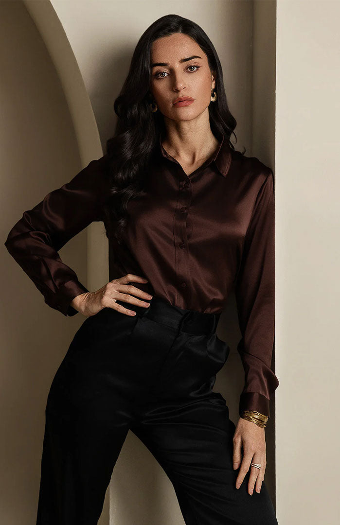 Coffee Brown Classic Satin Shirt - Main Image