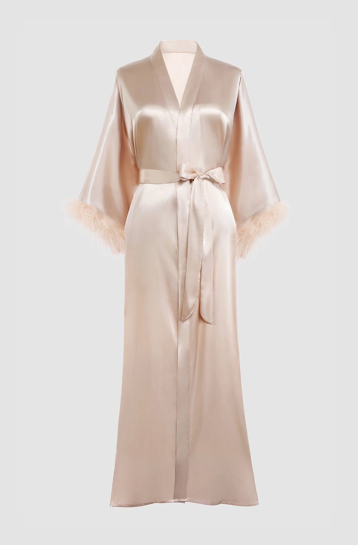 Golden Champagne – Feather-Trim Satin Robe for Women